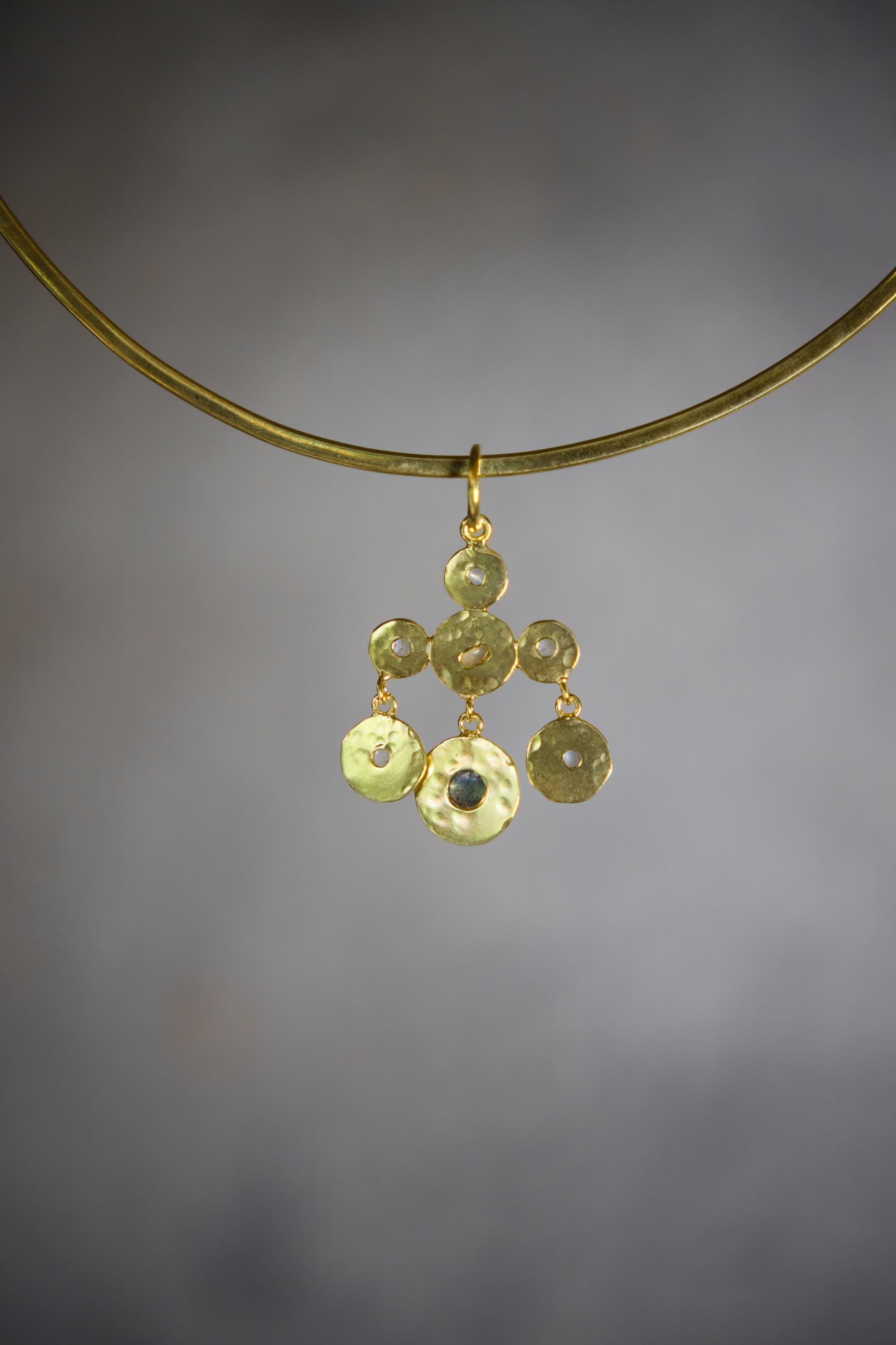 Five Blue Moonstones, Faceted Ethiopian Opal & Labradorite Pendant, 18K Gold-Plated Sterling Silver, Hammer Textured, Unique Gift