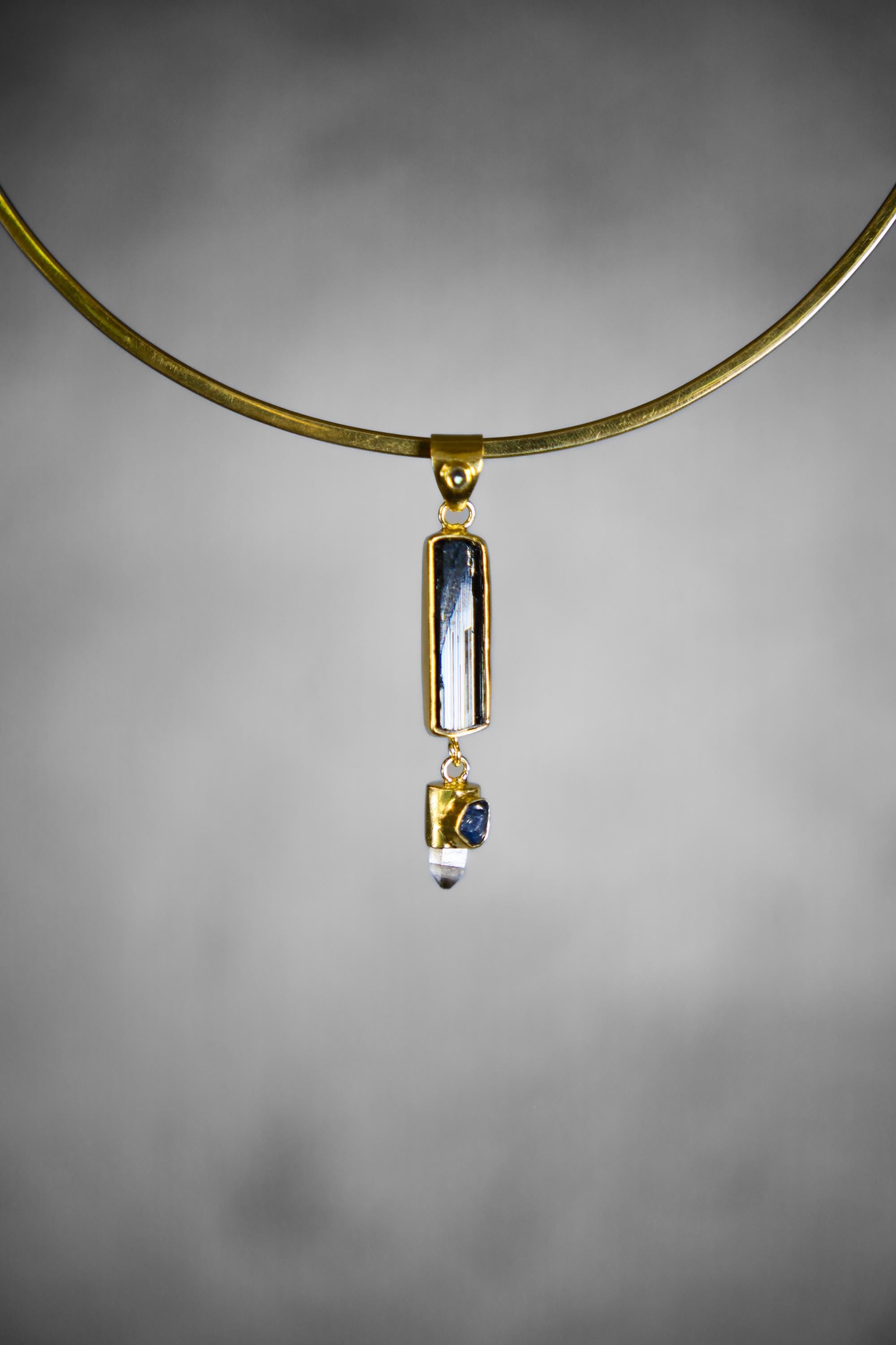 Blue Moonstone, Raw Tourmaline, Light Smoky Quartz & Blue Sapphire Pendant, Sterling Silver, 18k Gold Plated, Libra Zodiac Emotional Balance