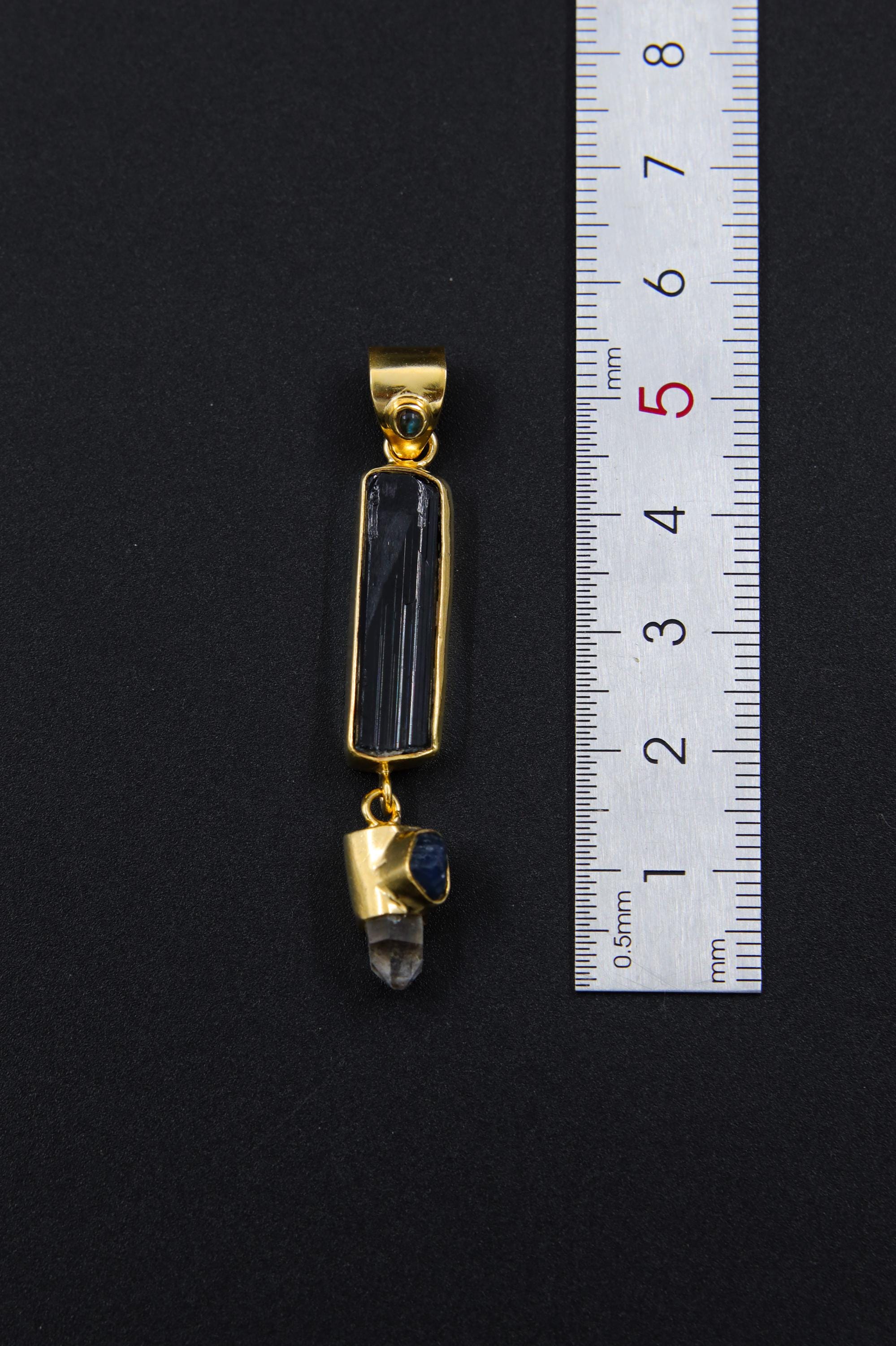 Blue Moonstone, Raw Tourmaline, Light Smoky Quartz & Blue Sapphire Pendant, Sterling Silver, 18k Gold Plated, Libra Zodiac Emotional Balance