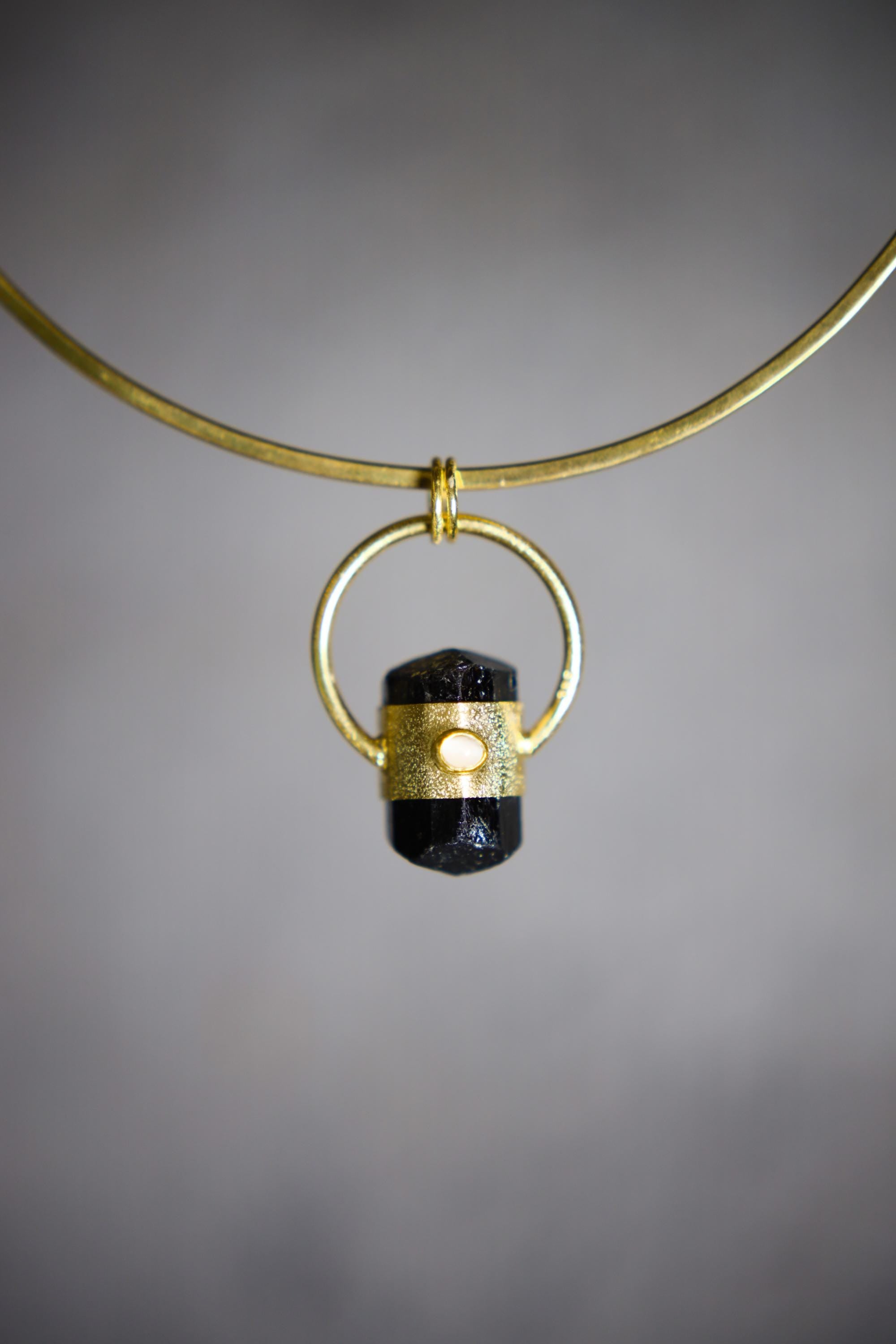 Black Tourmaline Moonstone Pendant 925 Silver 18k Gold Plated Sand Texture Root Crown Chakra Gift
