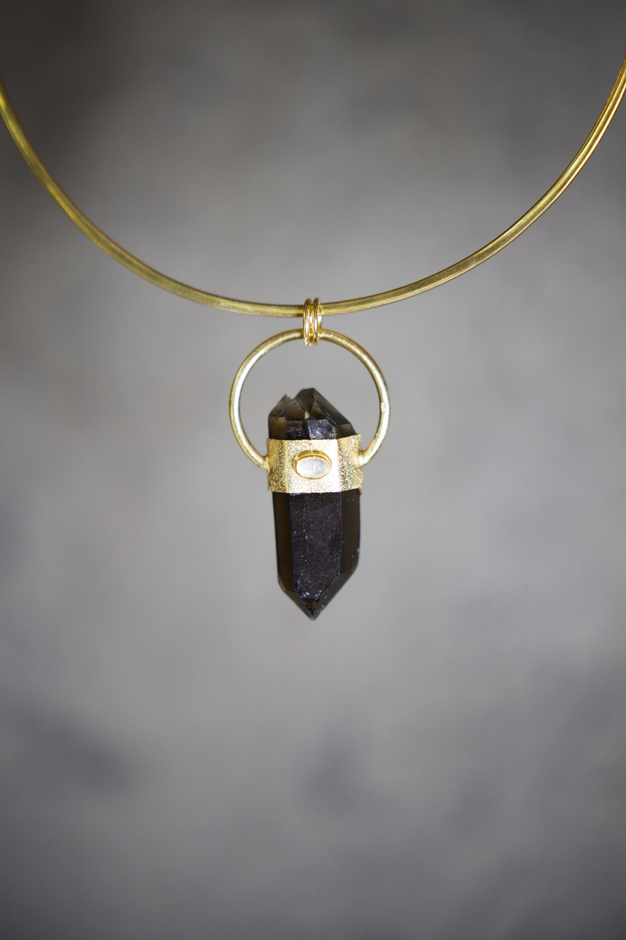 Double Terminated Smoky Cathedral Quartz & Moonstone Sterling Silver Textured Pendant, Glen Innes Quartz 18K Gold-Plated Scorpio Unique Gift