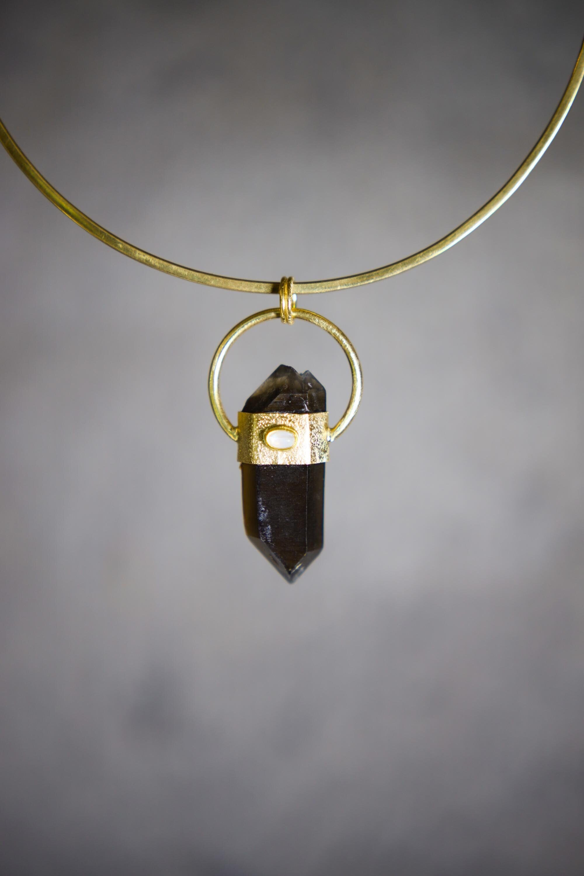 Double Terminated Smoky Cathedral Quartz & Moonstone Sterling Silver Textured Pendant, Glen Innes Quartz 18K Gold-Plated Scorpio Unique Gift