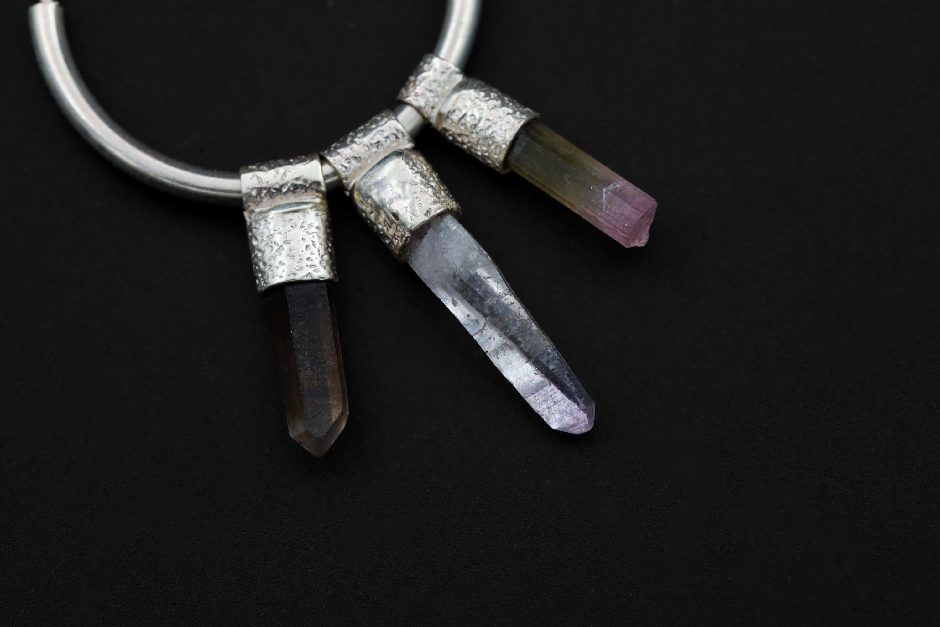 Celestial Gatherer stack hoop earrings shown close-up with mixed crystals and textured sterling silver details.