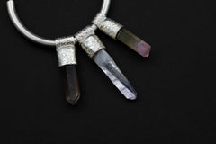 Celestial Gatherer stack hoop earrings shown close-up with mixed crystals and textured sterling silver details.