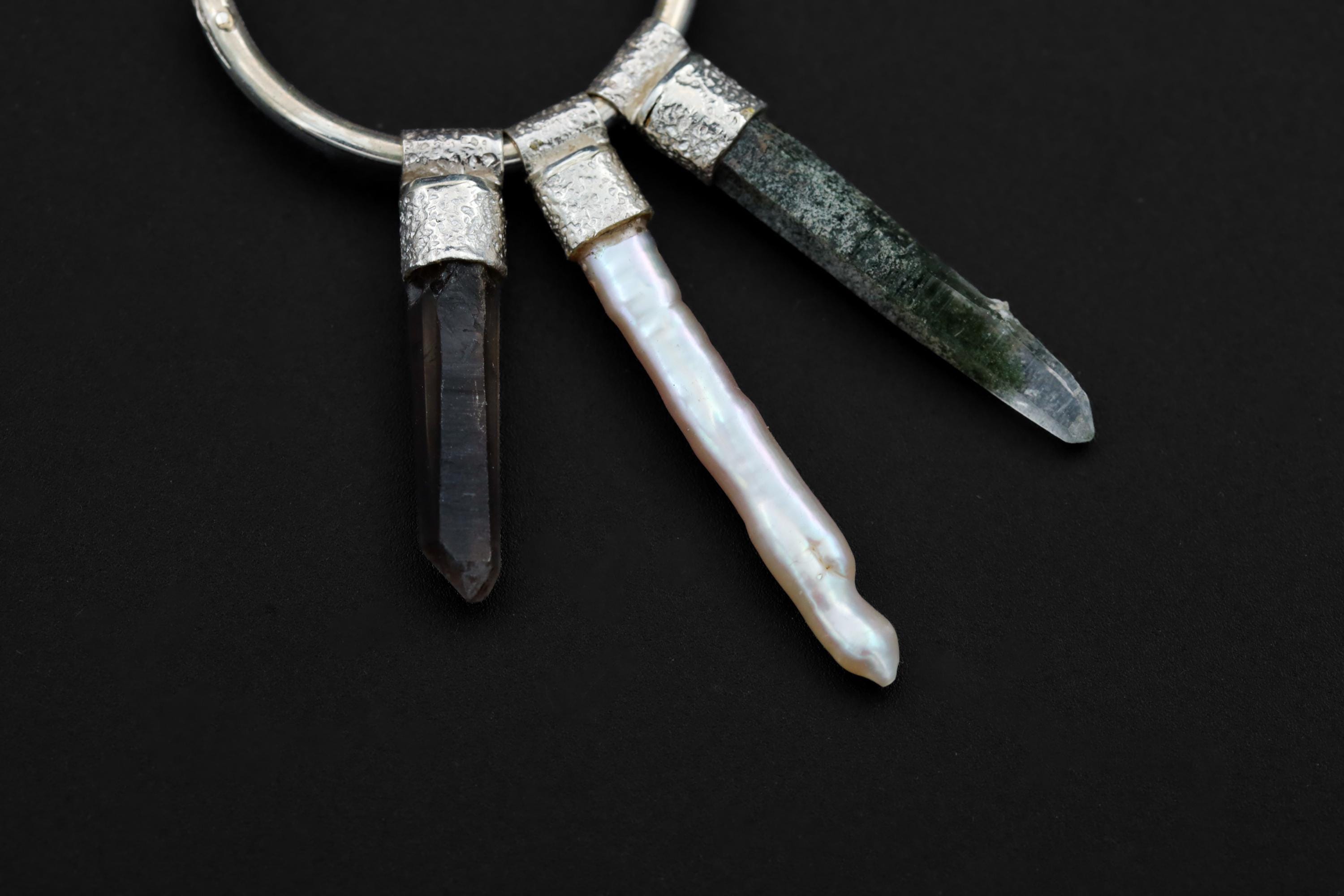 Celestial Gatherer stack hoop earrings shown close-up with mixed crystals and textured sterling silver details.