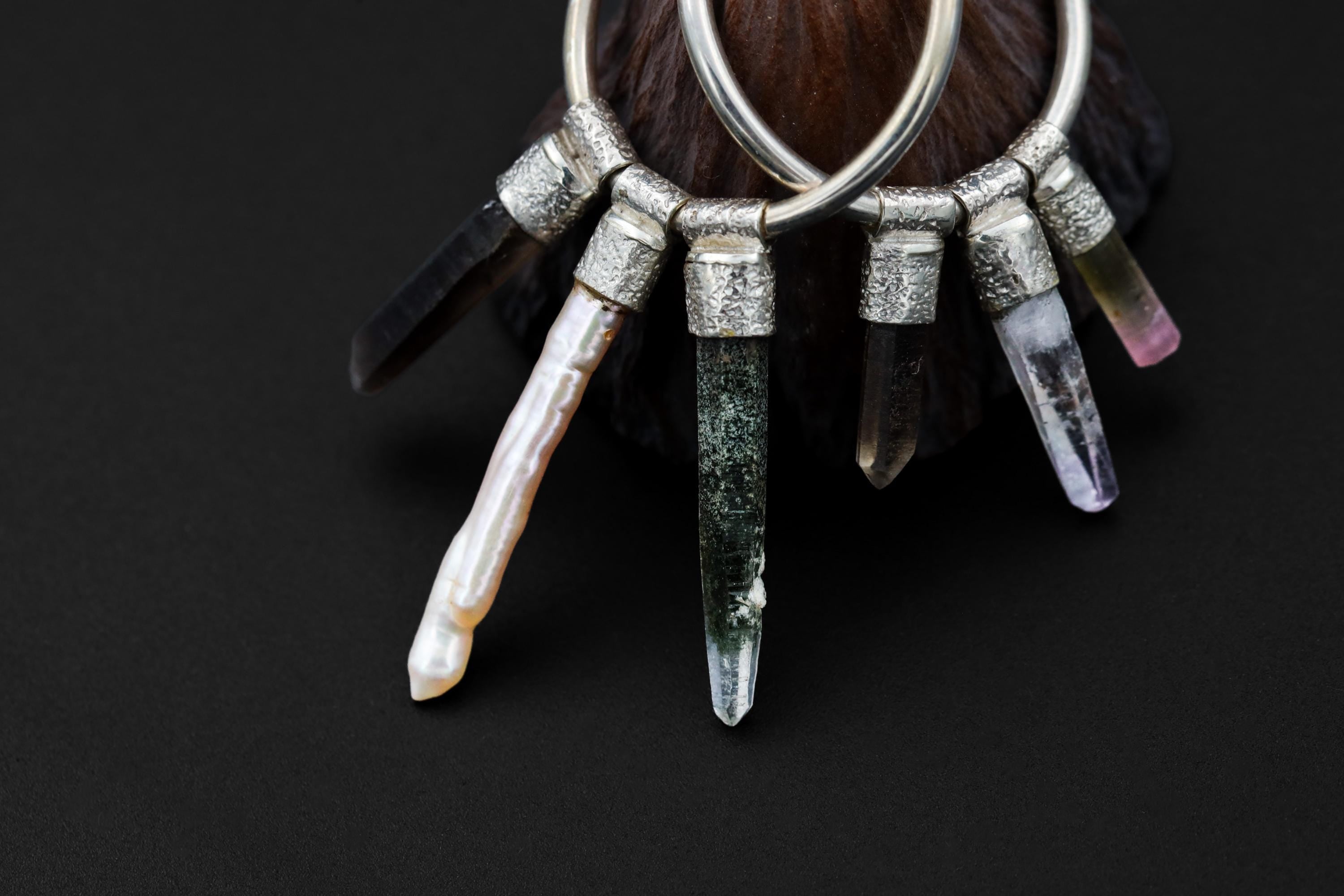 Smoky Quartz, Vera Cruz Amethyst, Watermelon Tourmaline, Pearl & Himalayan Quartz Stack Pendant Earrings, Sterling Silver, Unique Gift