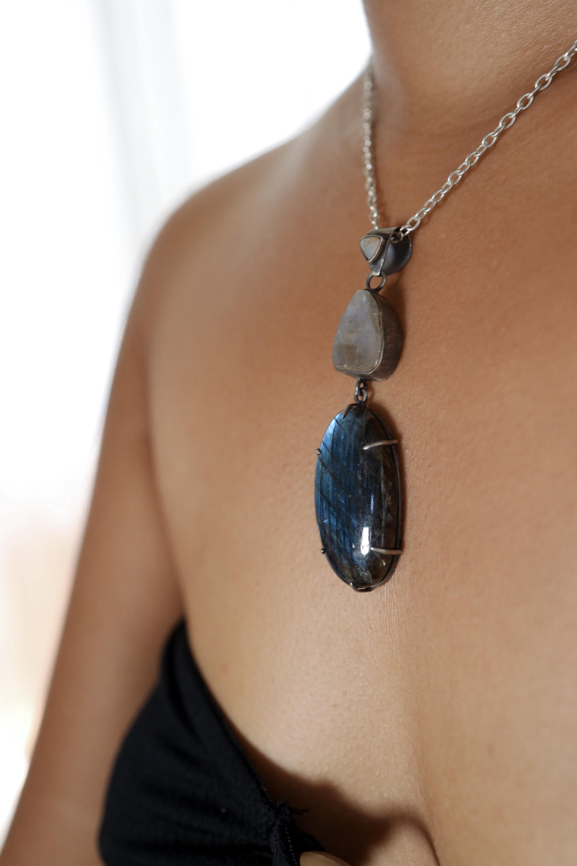 Celestial Alignment: Ethiopian Opal, Blue Moonstone, and Labradorite - Sterling Silver Pendant