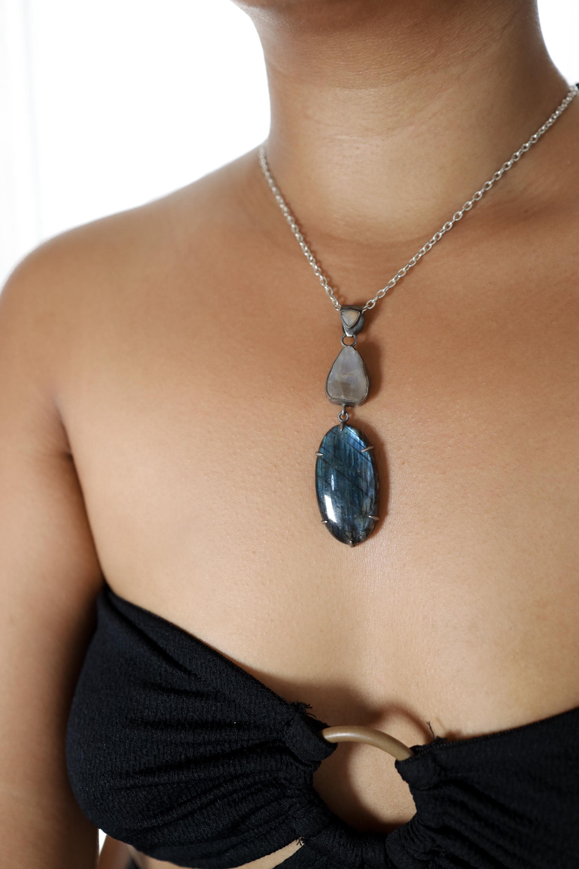 Ethiopian Opal Moonstone Labradorite Pendant: Sterling Silver Celestial Jewelry