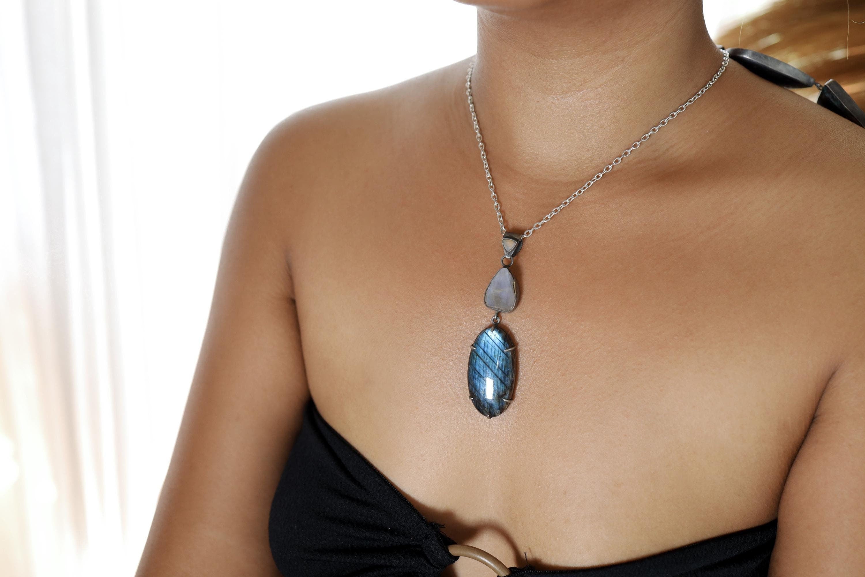 Celestial Alignment: Ethiopian Opal, Blue Moonstone, and Labradorite - Sterling Silver Pendant