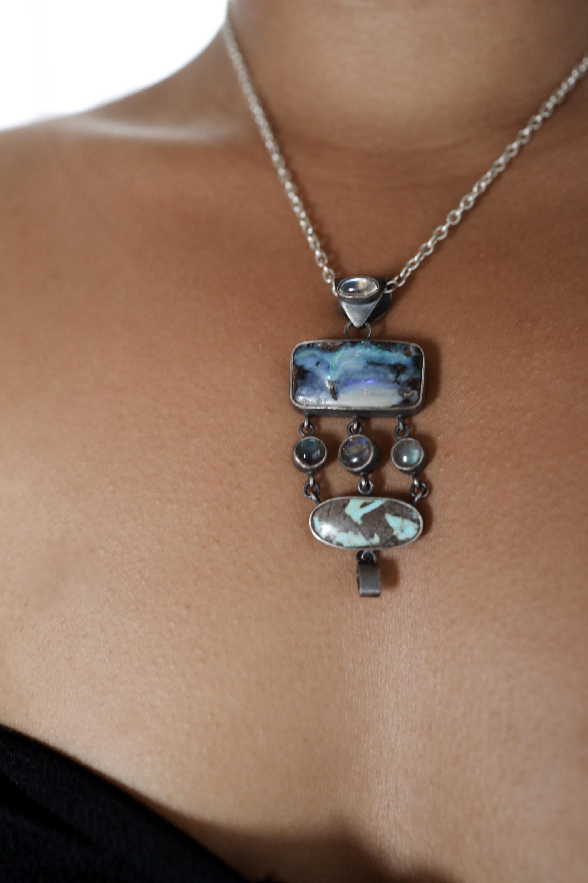 Textured Oxidized Sterling Silver Pendant, Ocean's Symphony Gems: Australian Opal, Labradorite, Royston Turquoise, Ethiopian Opal, Moonstone