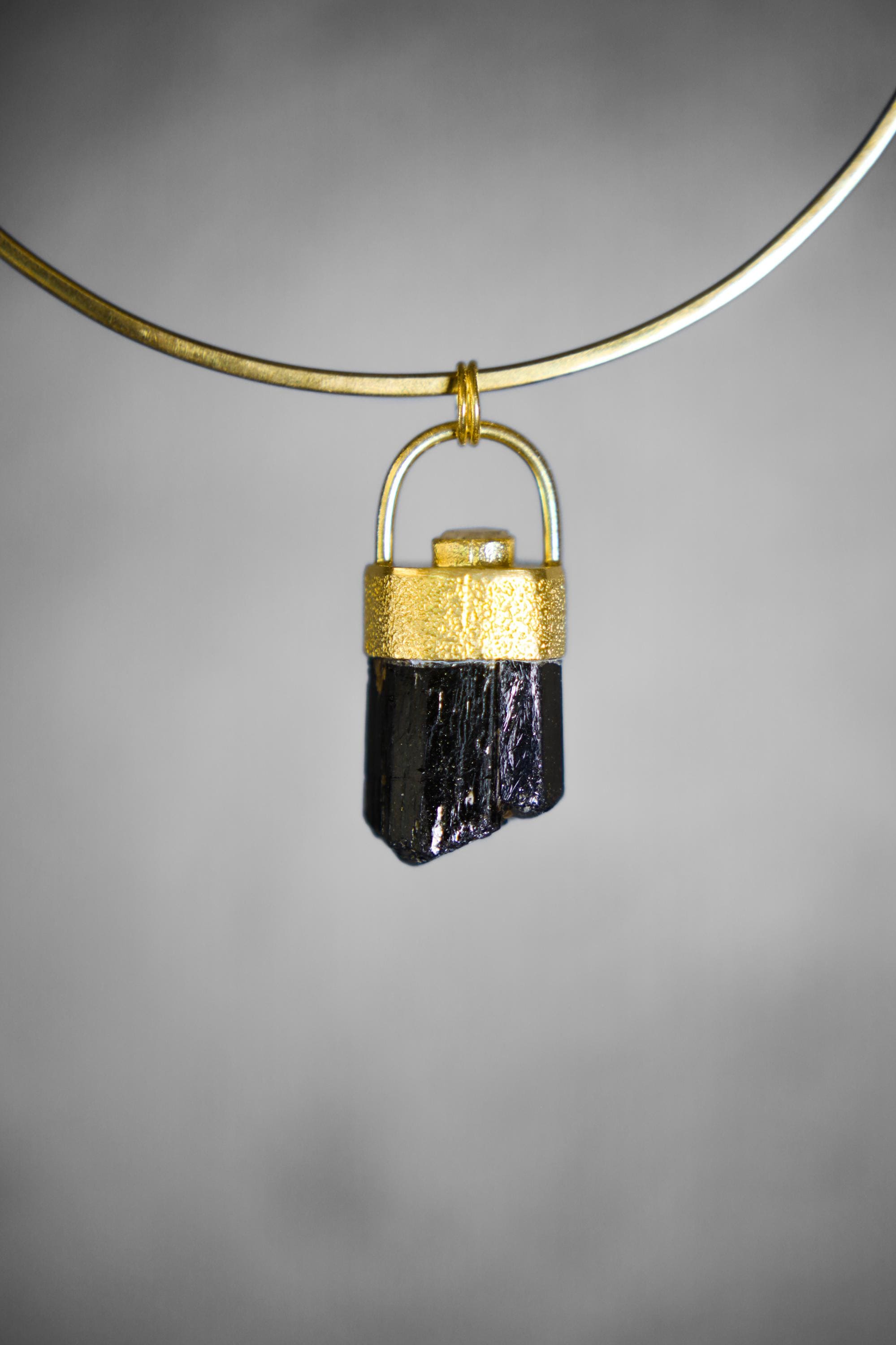 Himalayan Dravite Tourmaline Pendant: Textured Sterling Silver, 18K Gold-Plated