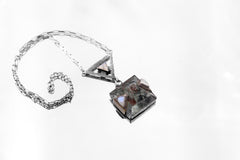 Triangle Moonstone & Himalayan Chlorite Quartz Necklace, Cancer and Scorpio Zodiac, Hammered Texture, Oxidized Finish, Spiritual Growth