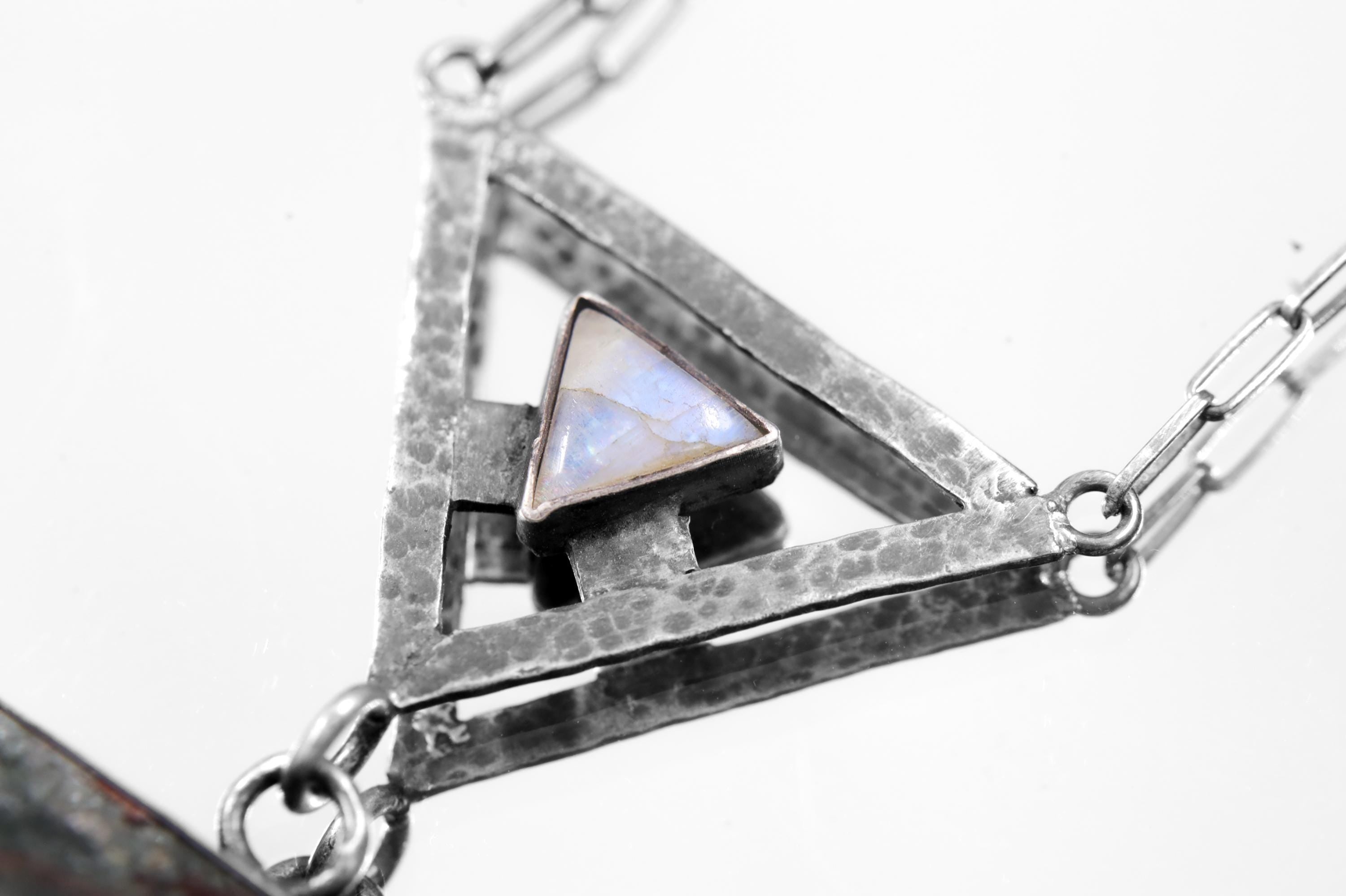 Triangle Moonstone & Himalayan Chlorite Quartz Necklace, Cancer and Scorpio Zodiac, Hammered Texture, Oxidized Finish, Spiritual Growth
