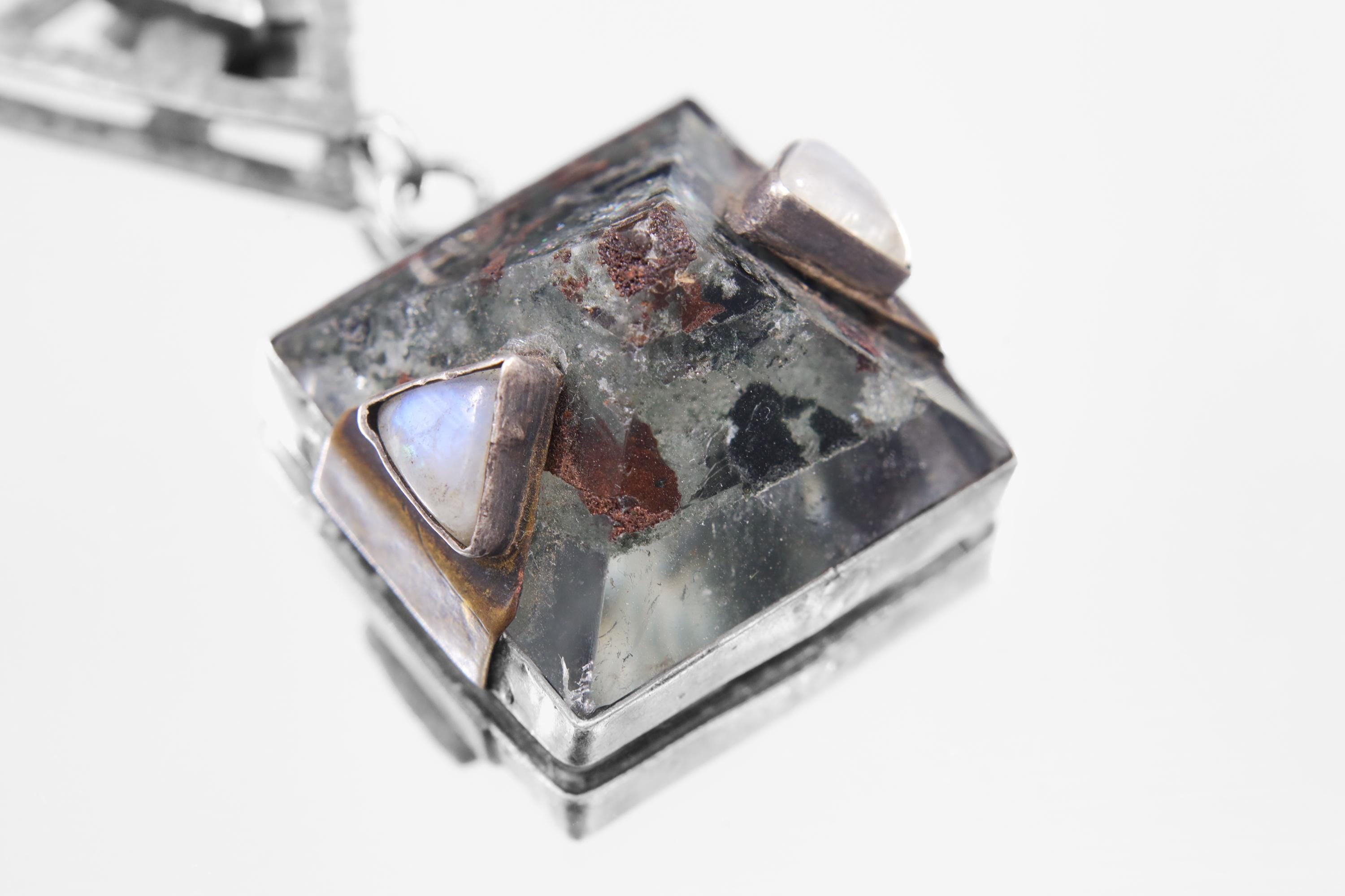 Triangle Moonstone & Himalayan Chlorite Quartz Necklace, Cancer and Scorpio Zodiac, Hammered Texture, Oxidized Finish, Spiritual Growth