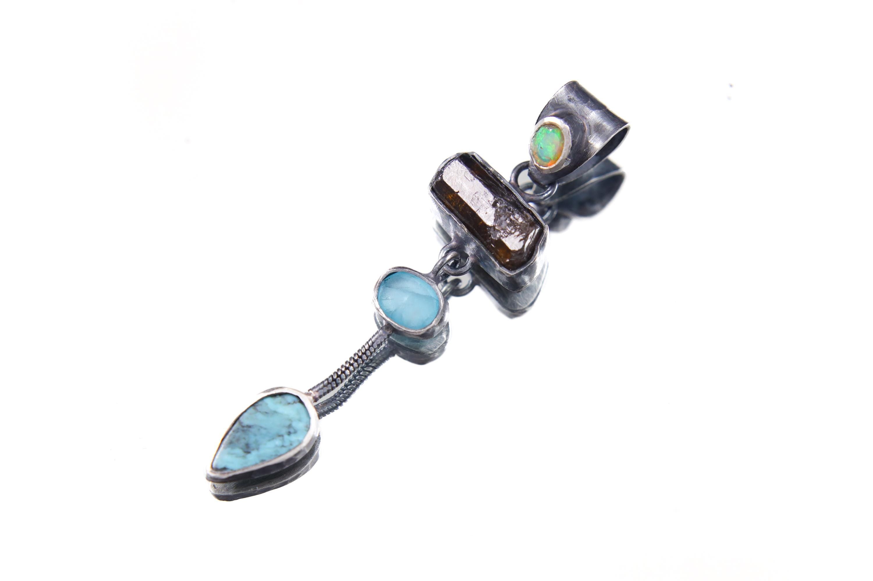 Dravite Tourmaline Opal Aquamarine Necklace 925 Sterling Silver Turquoise Hammered Talisman Jewelry