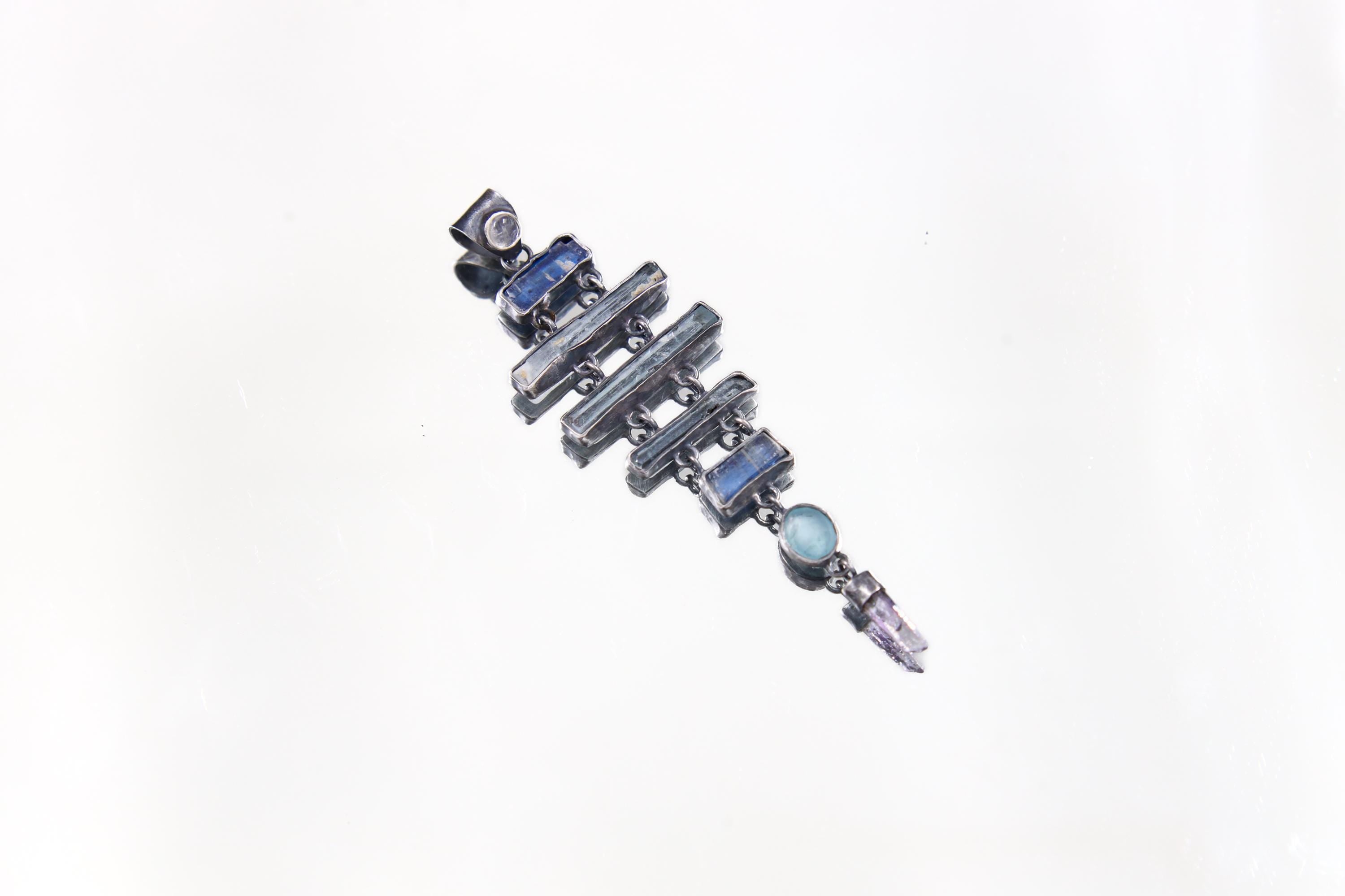 Round Moonstone, Square Kyanite, Aquamarine, Oval Apatite & Raw Amethyst Pendant, Oxidized Sterling Silver, Unique Gift, Zodiac Pisces