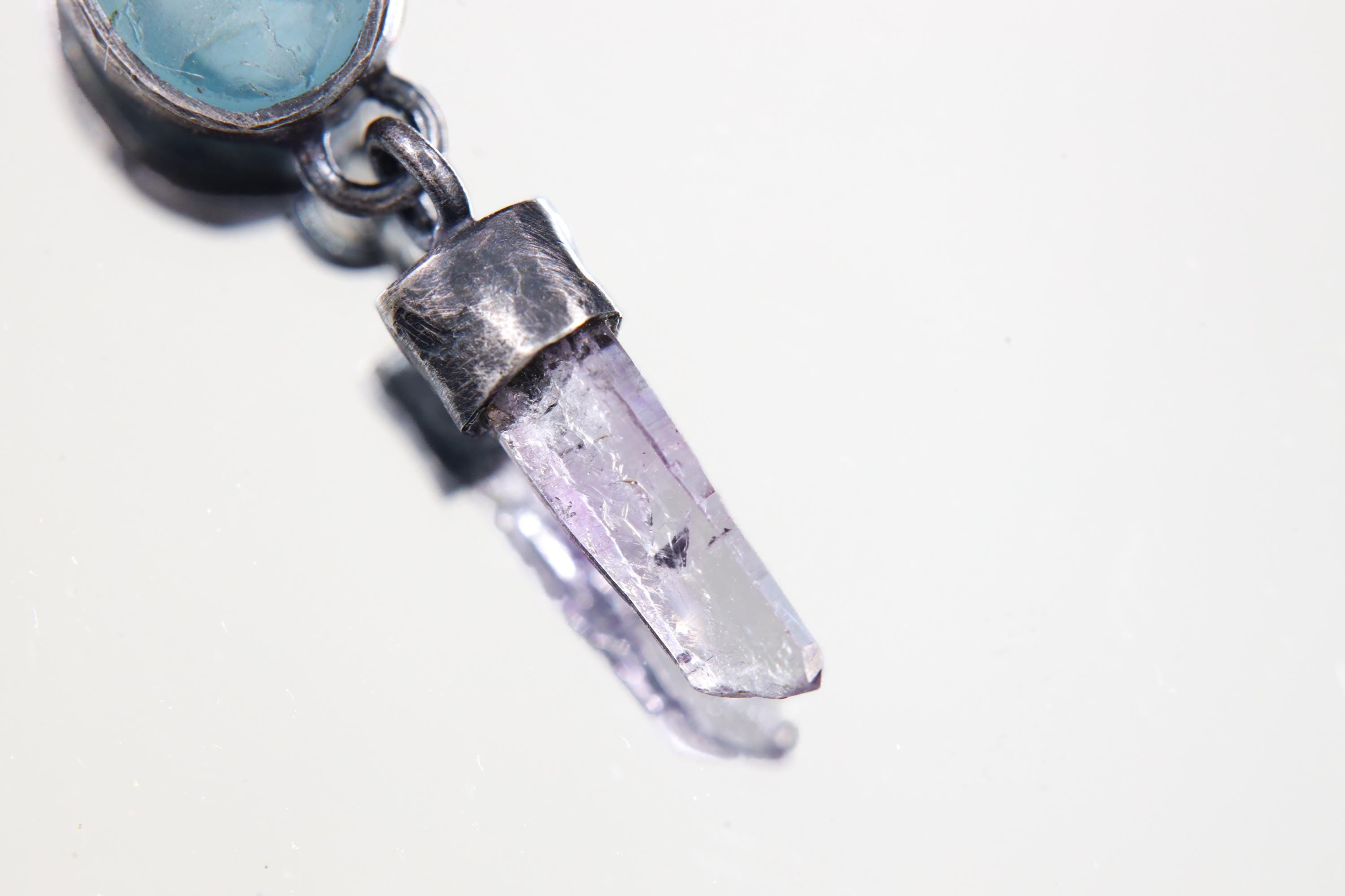 Round Moonstone, Square Kyanite, Aquamarine, Oval Apatite & Raw Amethyst Pendant, Oxidized Sterling Silver, Unique Gift, Zodiac Pisces
