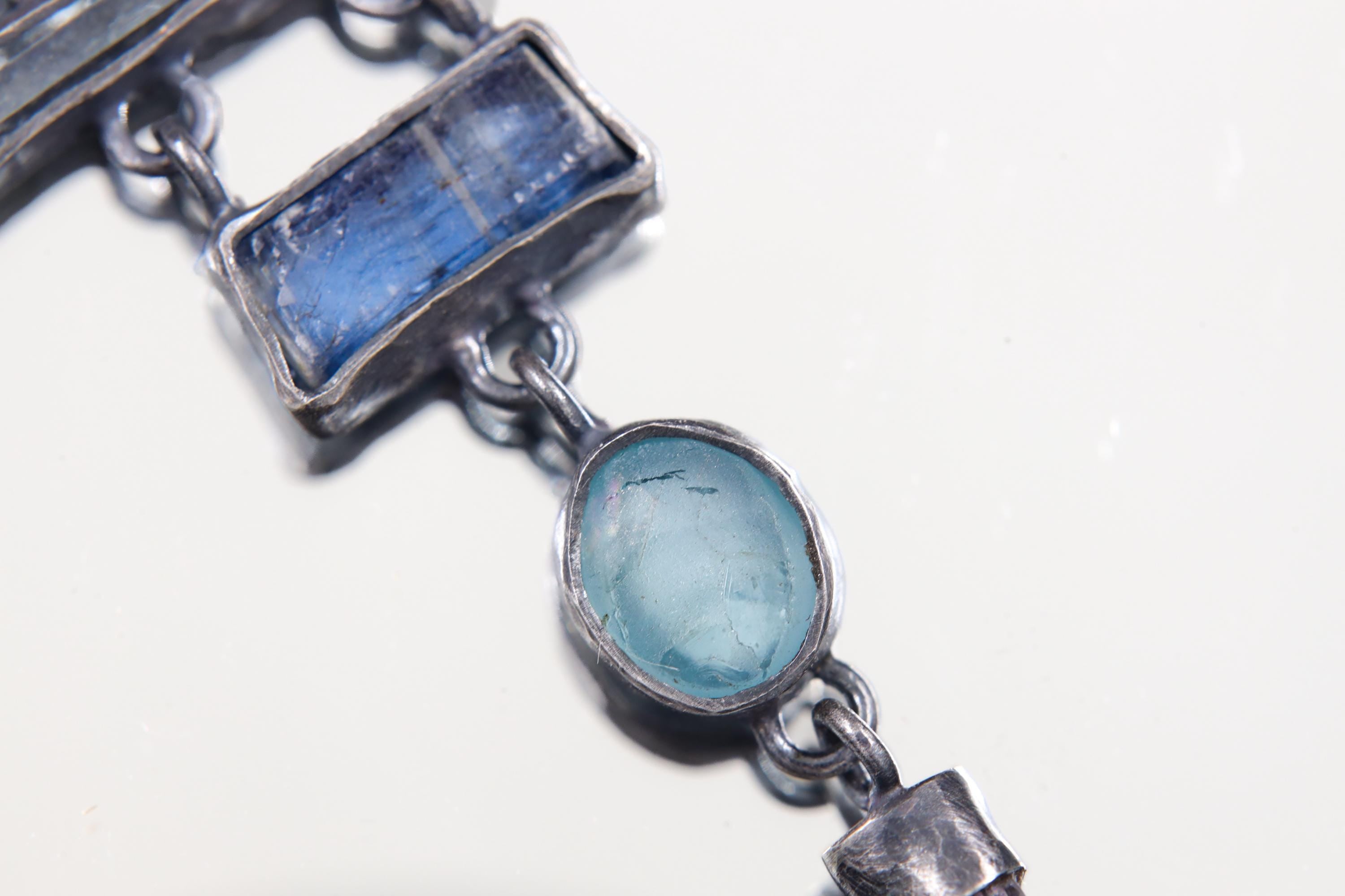 Round Moonstone, Square Kyanite, Aquamarine, Oval Apatite & Raw Amethyst Pendant, Oxidized Sterling Silver, Unique Gift, Zodiac Pisces