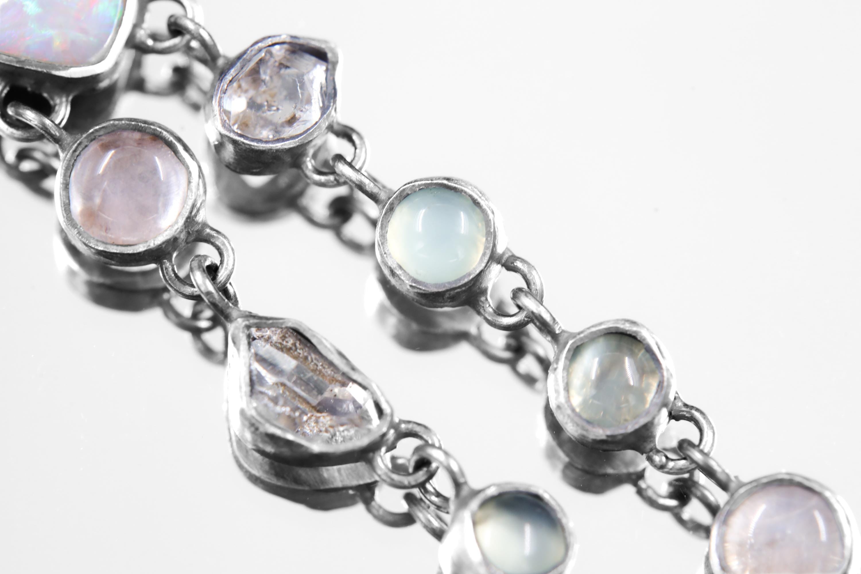 Opal, Rose Quartz, Aquamarine, Herkimer Diamond Pearl Pendant, 925 Sterling Silver Heart & Crown Chakra, Unique Gift, Boho Crystal Necklace