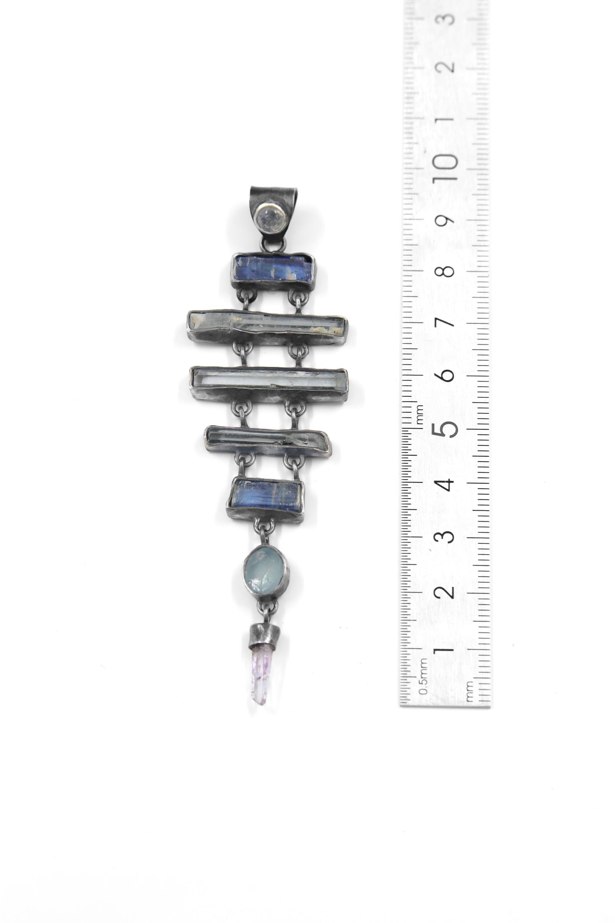 Round Moonstone, Square Kyanite, Aquamarine, Oval Apatite & Raw Amethyst Pendant, Oxidized Sterling Silver, Unique Gift, Zodiac Pisces