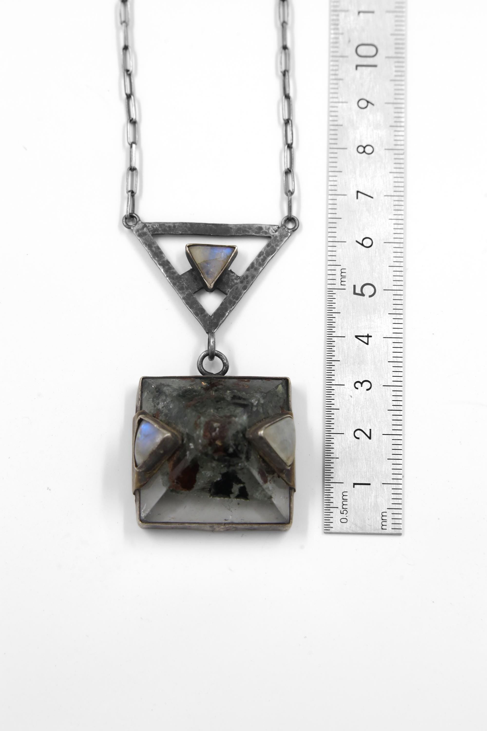 Triangle Moonstone & Himalayan Chlorite Quartz Necklace, Cancer and Scorpio Zodiac, Hammered Texture, Oxidized Finish, Spiritual Growth