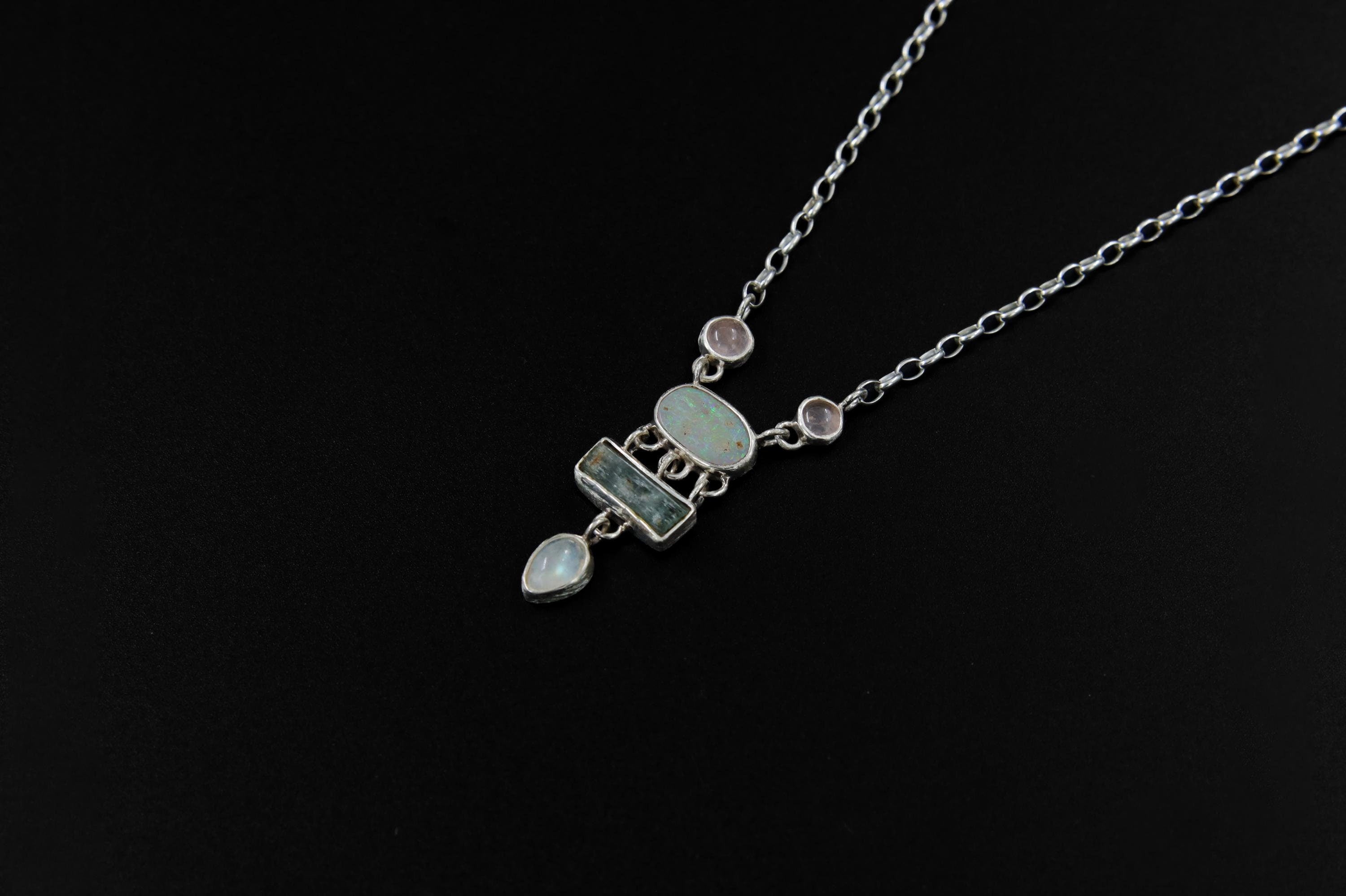 Opal, Rose Quartz & Moonstone Necklace: Sterling Silver Gemstone Pendant