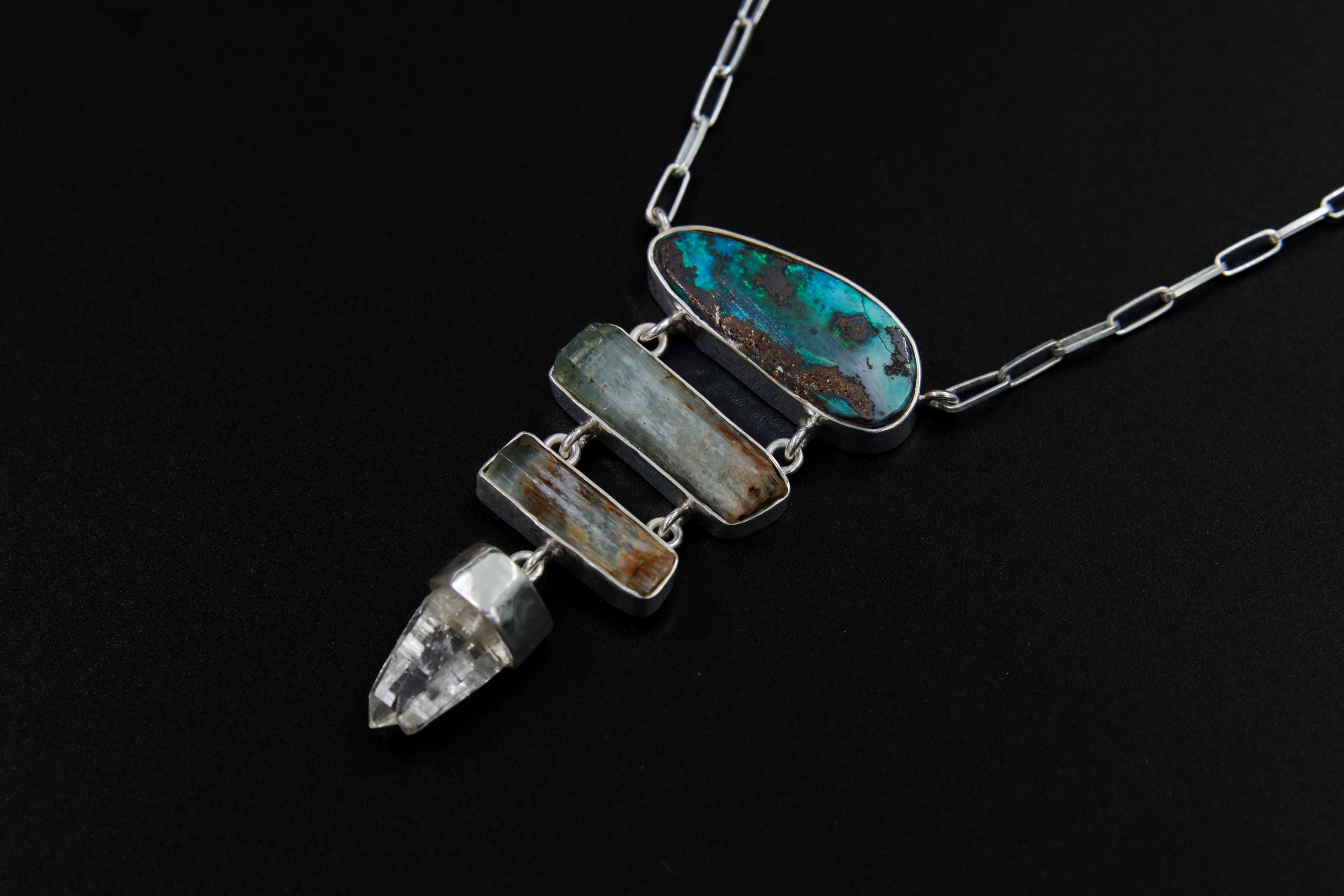 Australian Boulder Opal, Aquamarine & Lemurian Twin Quartz Pendant, Sterling Silver Spiritual Necklace, Chakra Healing, Gift for Adventurers