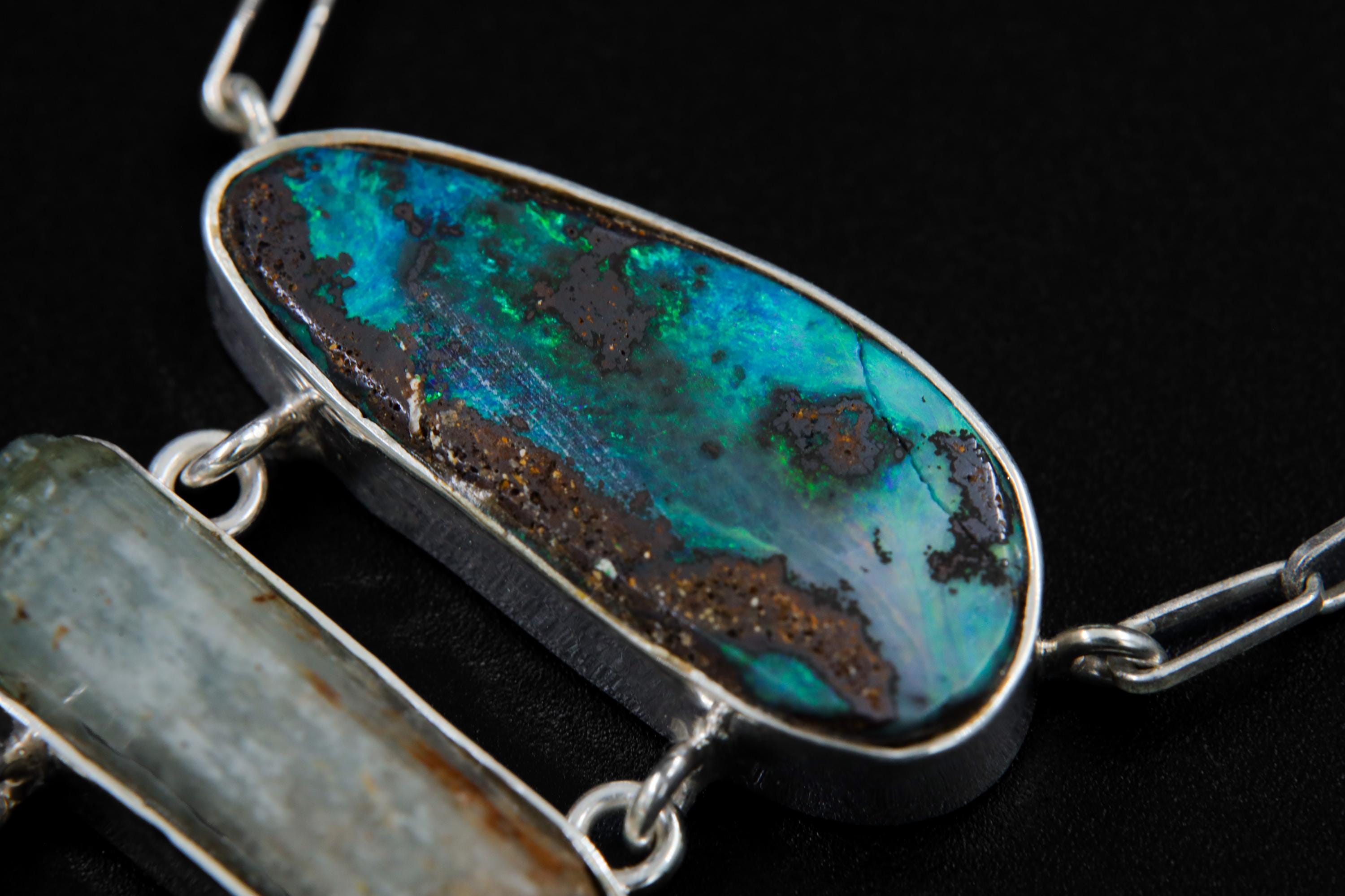 Boulder Opal Pendant: Aquamarine, Lemurian Quartz, Sterling Silver Necklace