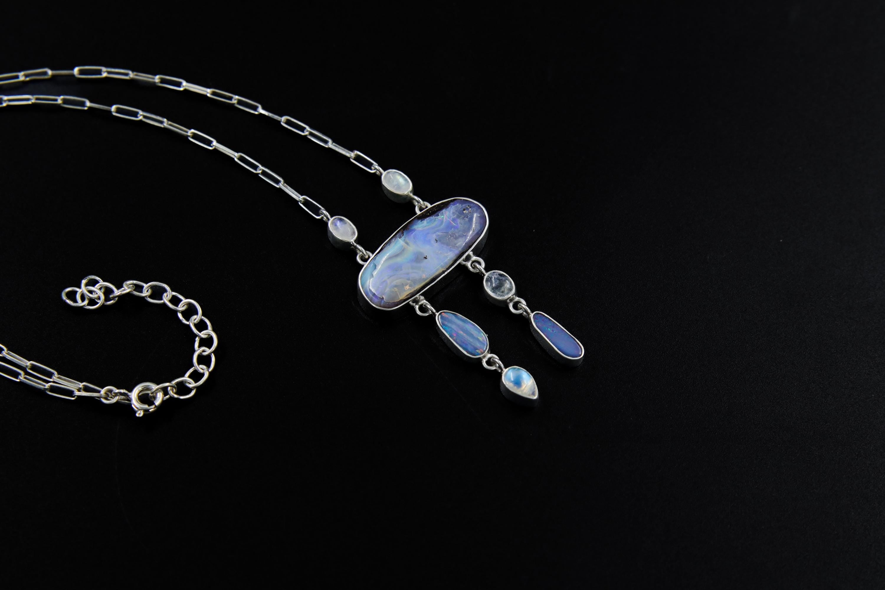Australian Boulder Opal, Moonstone Pendant, Galactic Portal Opener Sterling Silver, Meditation, Imagination & Creativity Gift for a Dreamer