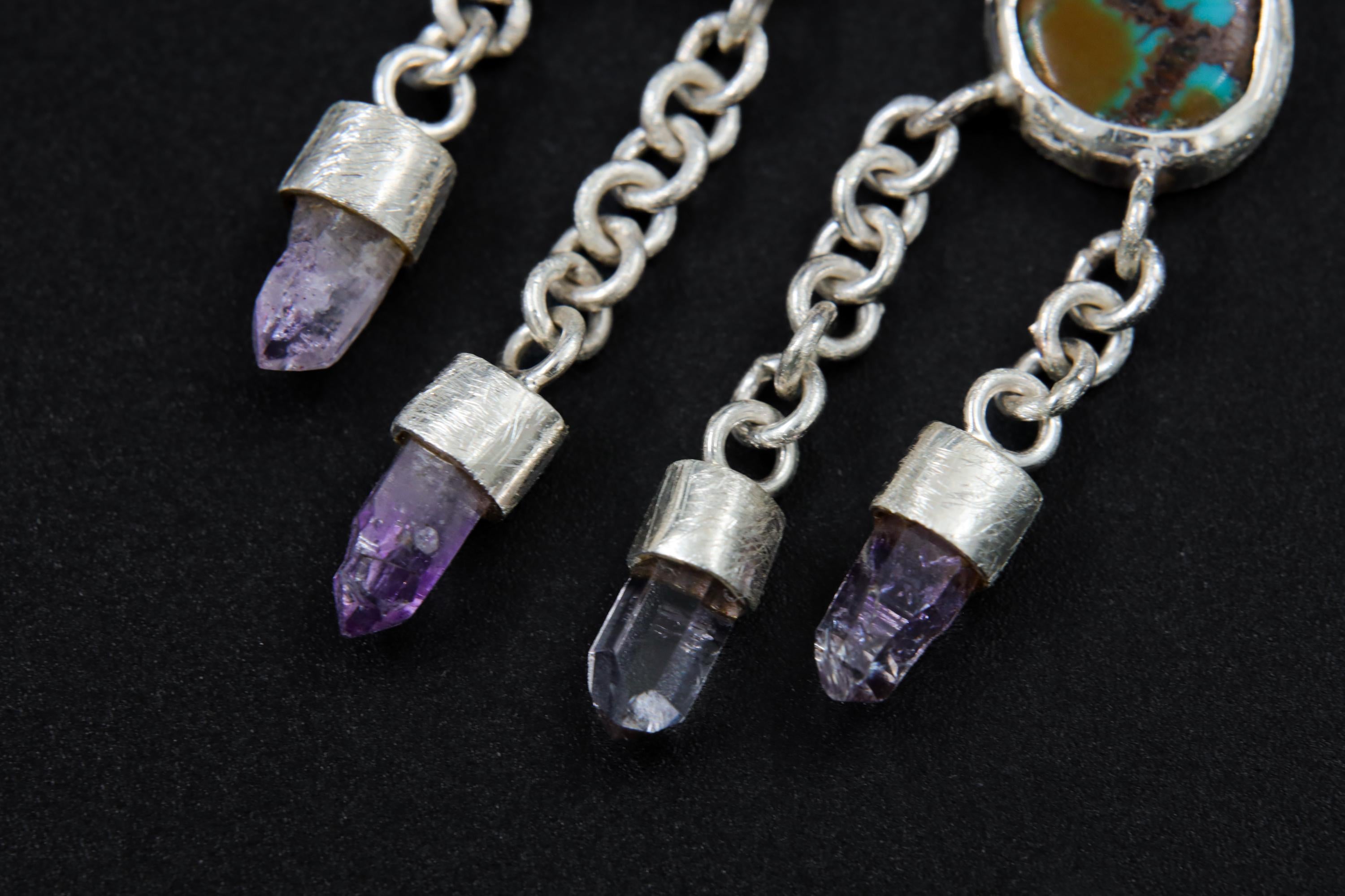 Smoky Quartz & Turquoise Dreamcatcher Pendant, Sterling Silver, Brushed Finish, Vera Cruz Amethyst Drops, Grounding Energy Necklace