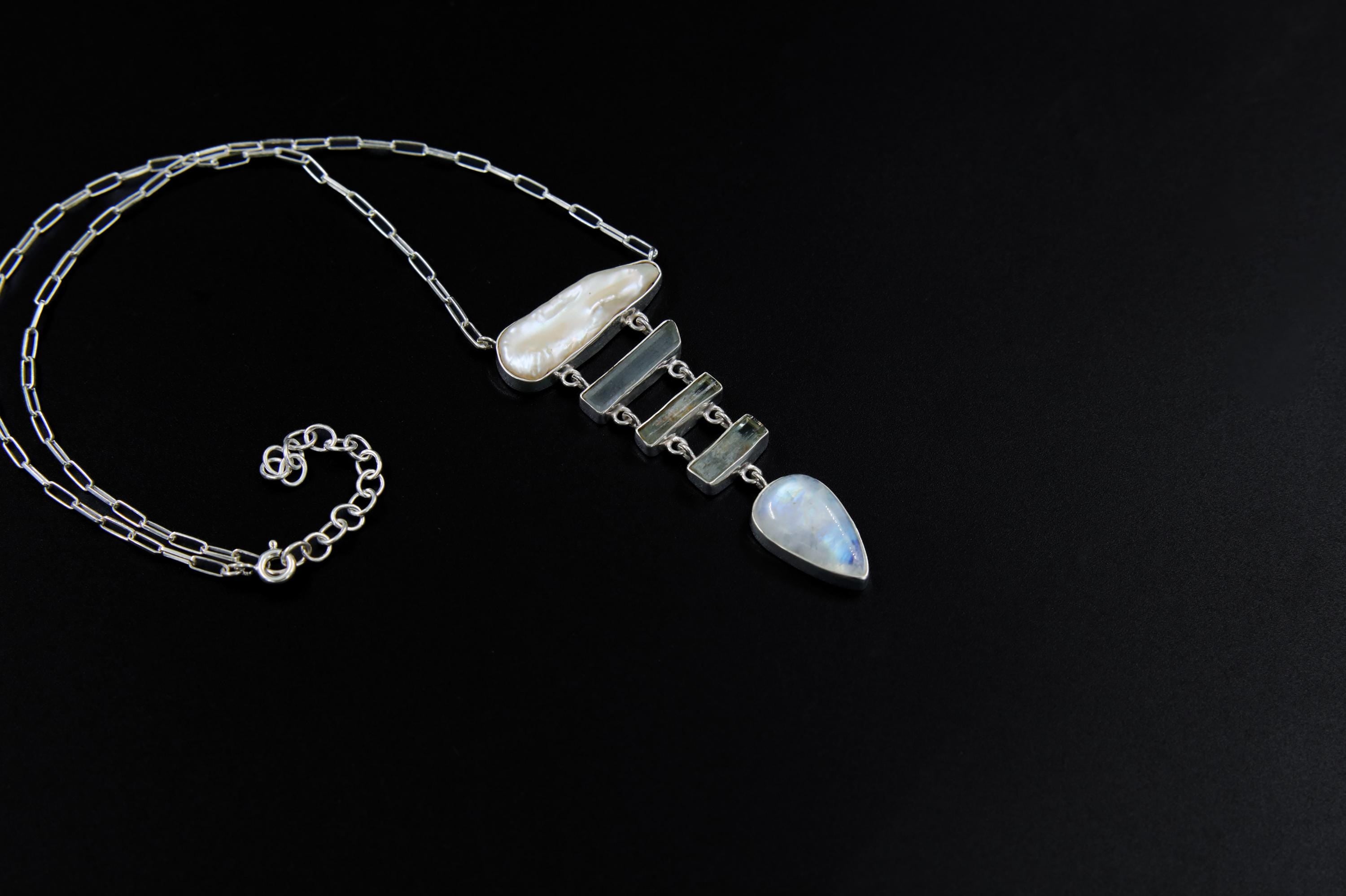 Raw Pearl, Himalayan Aquamarine & Blue Moonstone Pendant, Sterling Silver, Open Back, Spiritual Necklace, Chakra Healing, Gift for Pisces