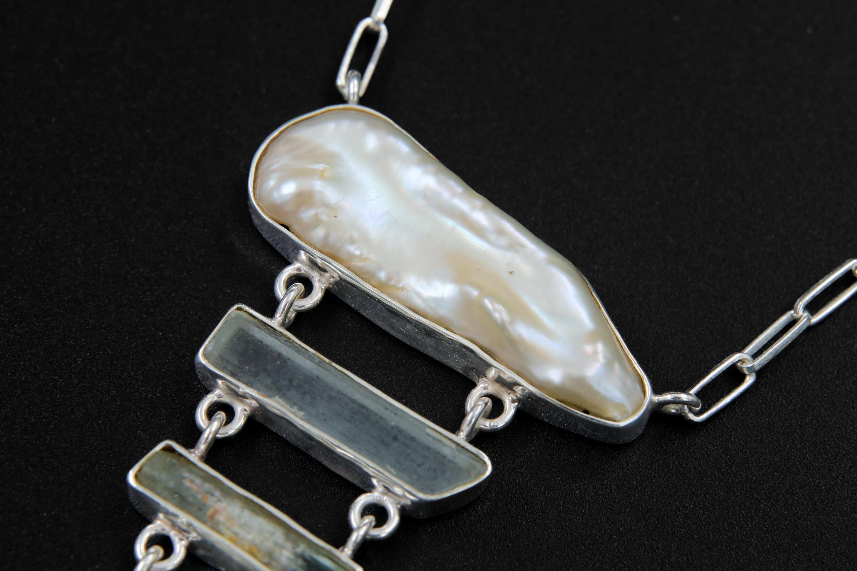 Raw Pearl, Himalayan Aquamarine & Blue Moonstone Pendant, Sterling Silver, Open Back, Spiritual Necklace, Chakra Healing, Gift for Pisces