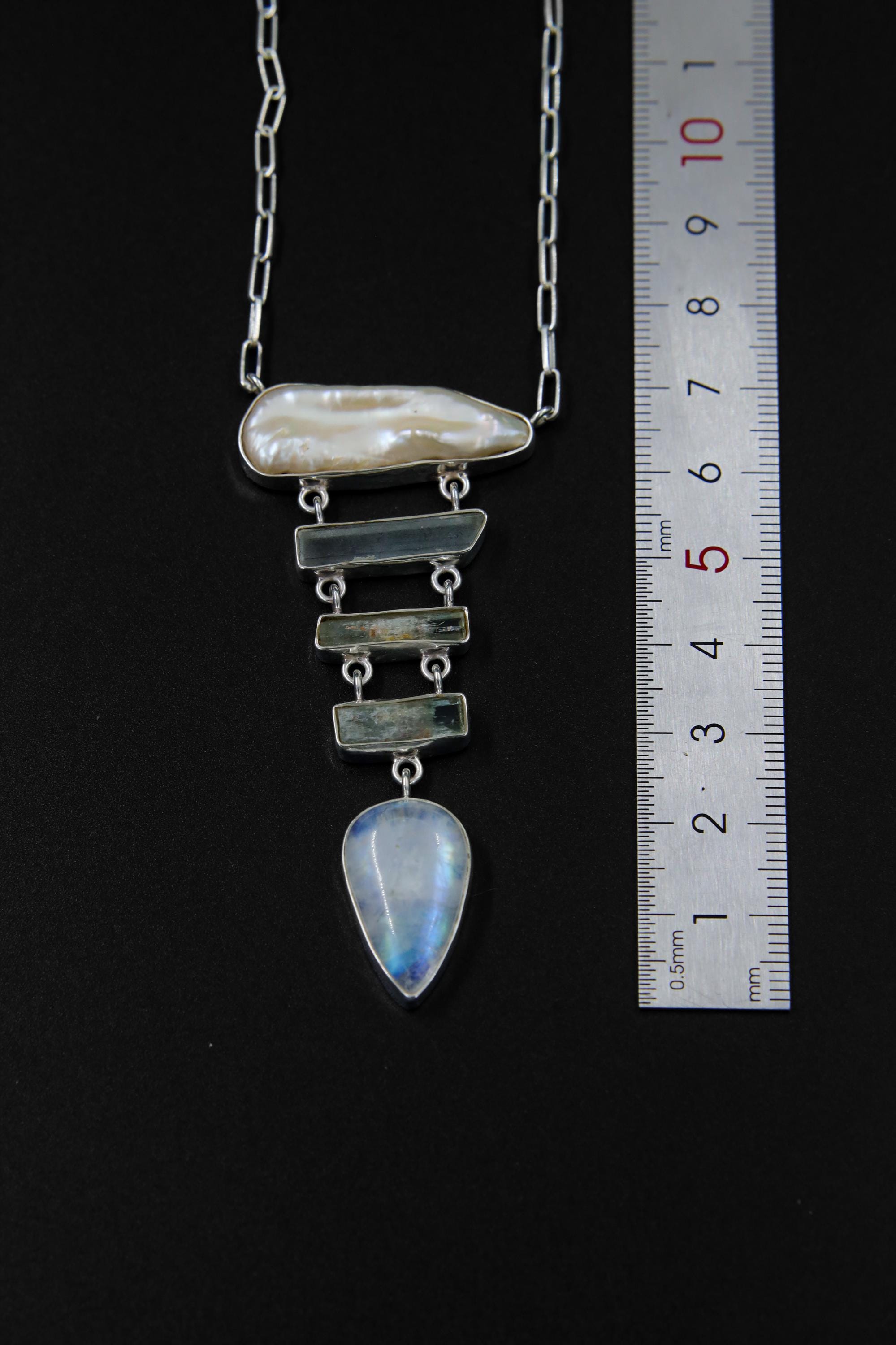 Raw Pearl, Himalayan Aquamarine & Blue Moonstone Pendant, Sterling Silver, Open Back, Spiritual Necklace, Chakra Healing, Gift for Pisces