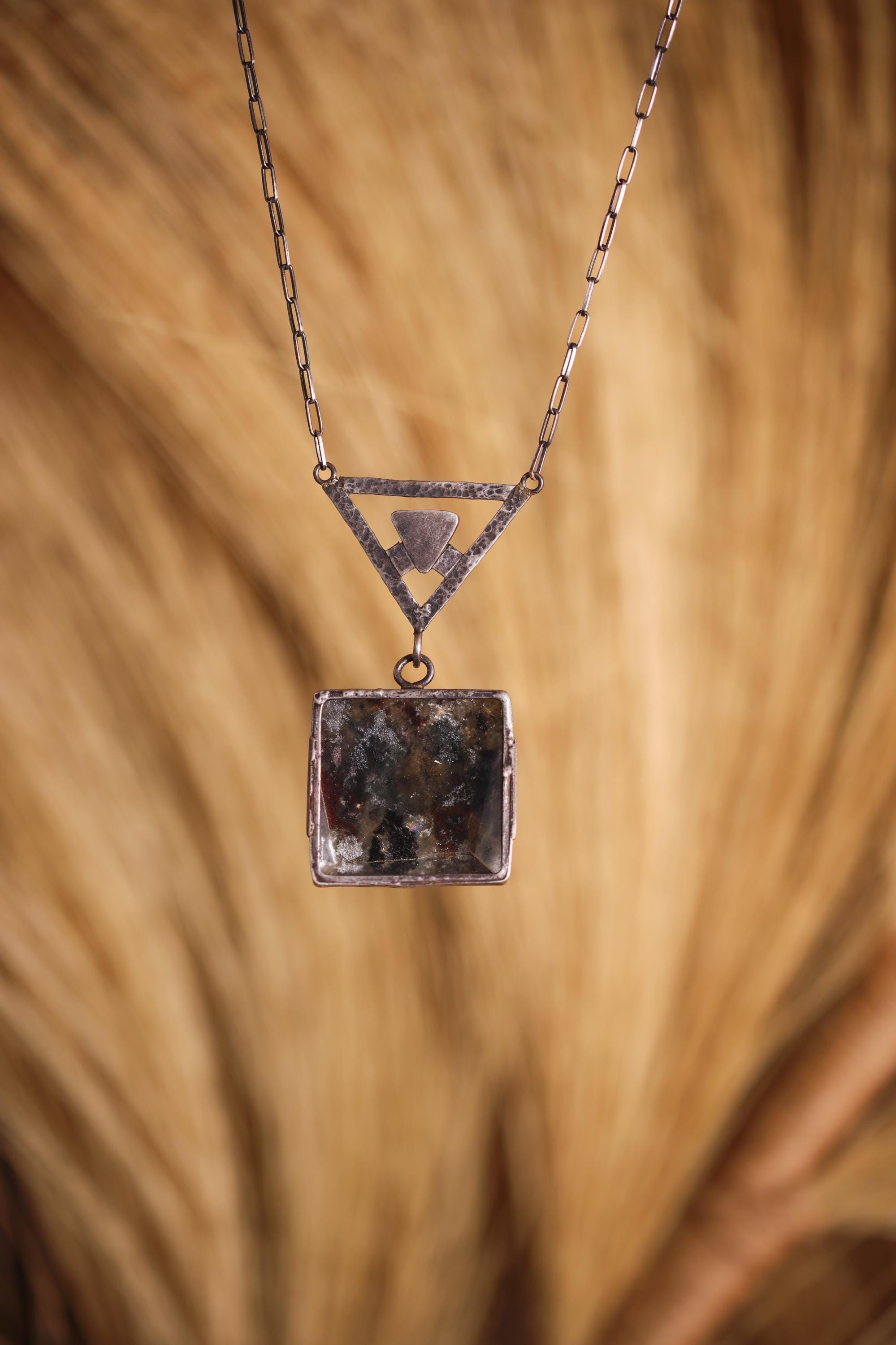 Triangle Moonstone & Himalayan Chlorite Quartz Necklace, Cancer and Scorpio Zodiac, Hammered Texture, Oxidized Finish, Spiritual Growth
