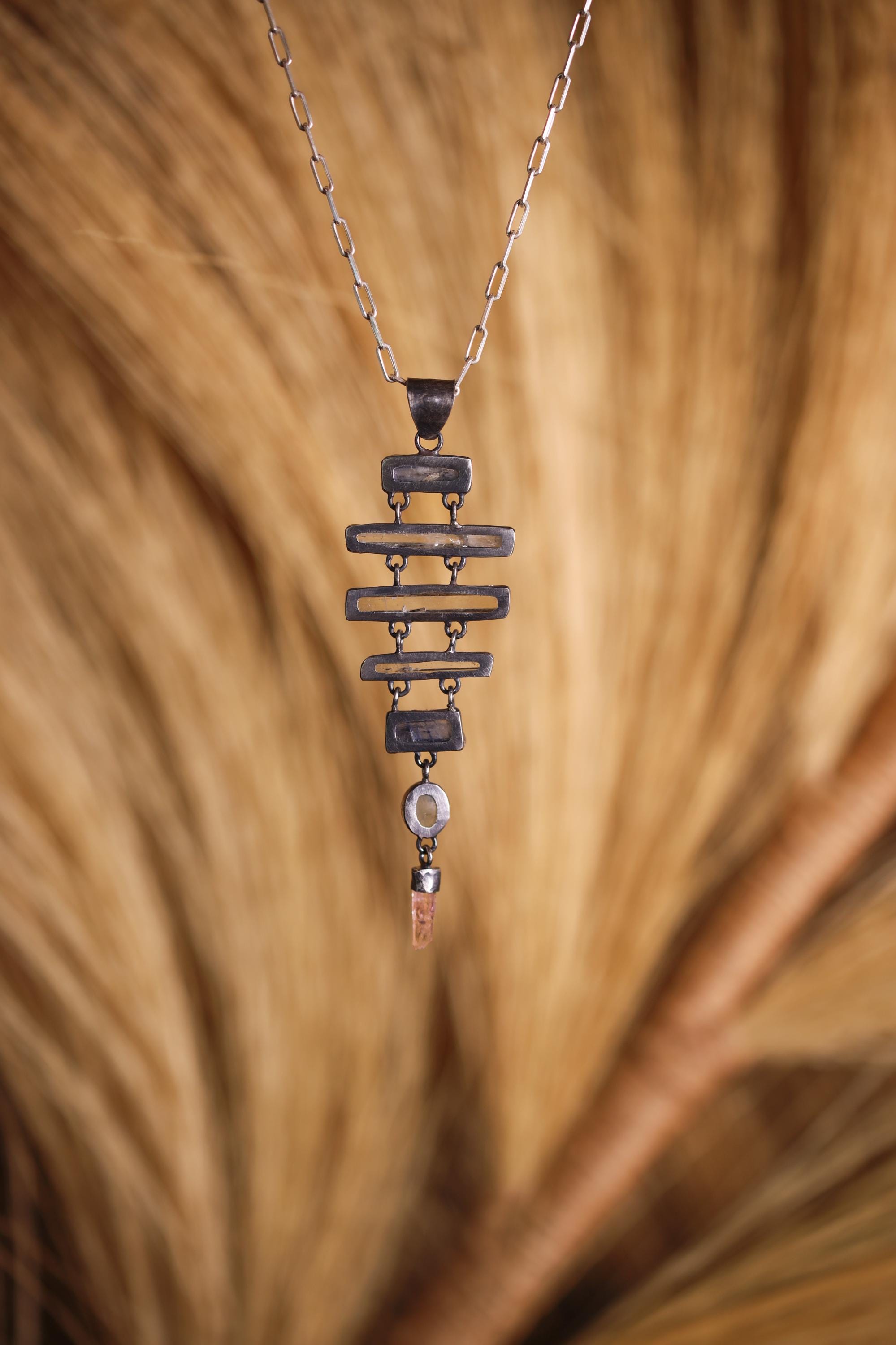 Round Moonstone, Square Kyanite, Aquamarine, Oval Apatite & Raw Amethyst Pendant, Oxidized Sterling Silver, Unique Gift, Zodiac Pisces