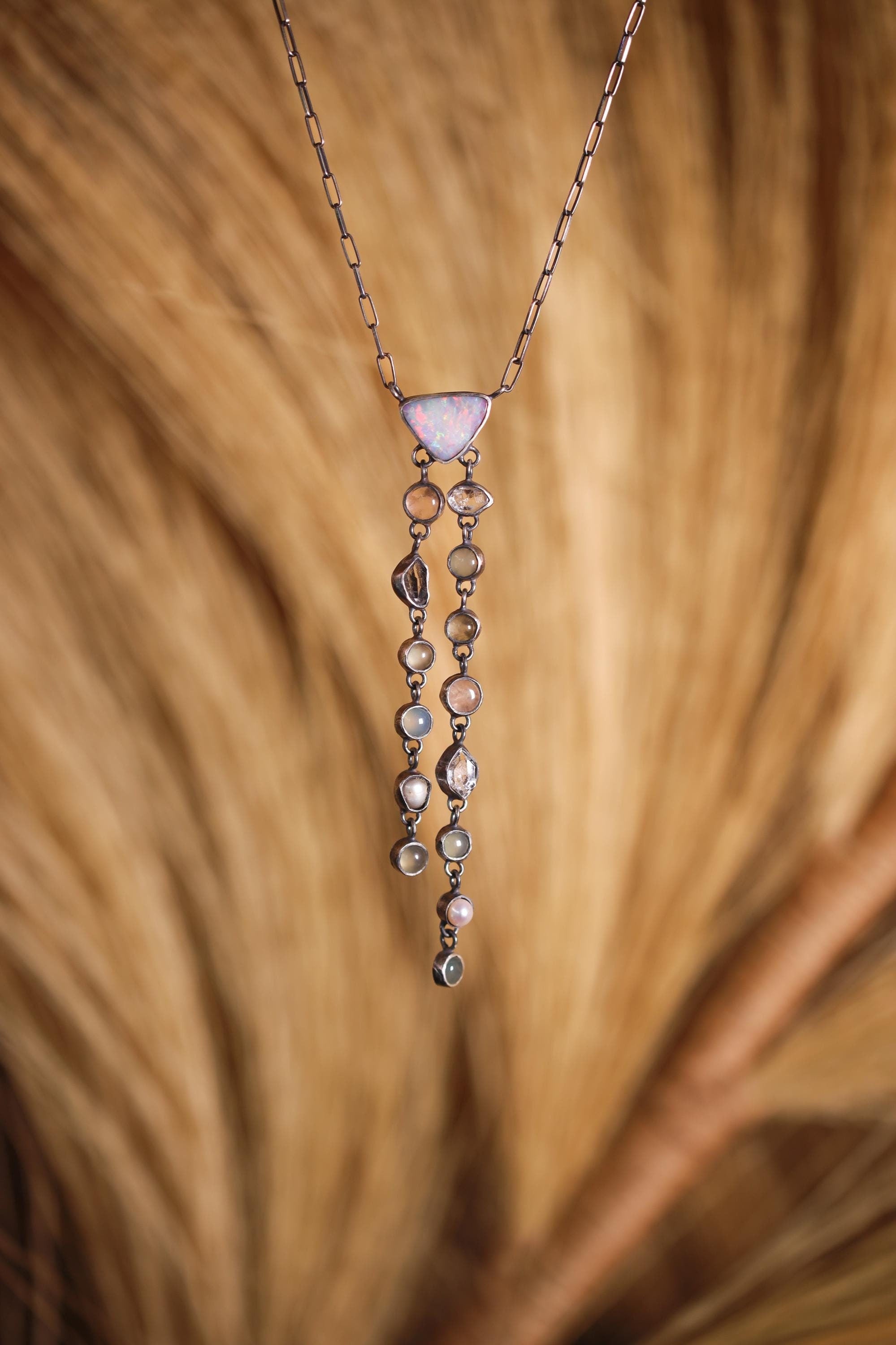 Multi-Crystal Sterling Silver Pendant: Opal, Rose Quartz, Aquamarine Necklace