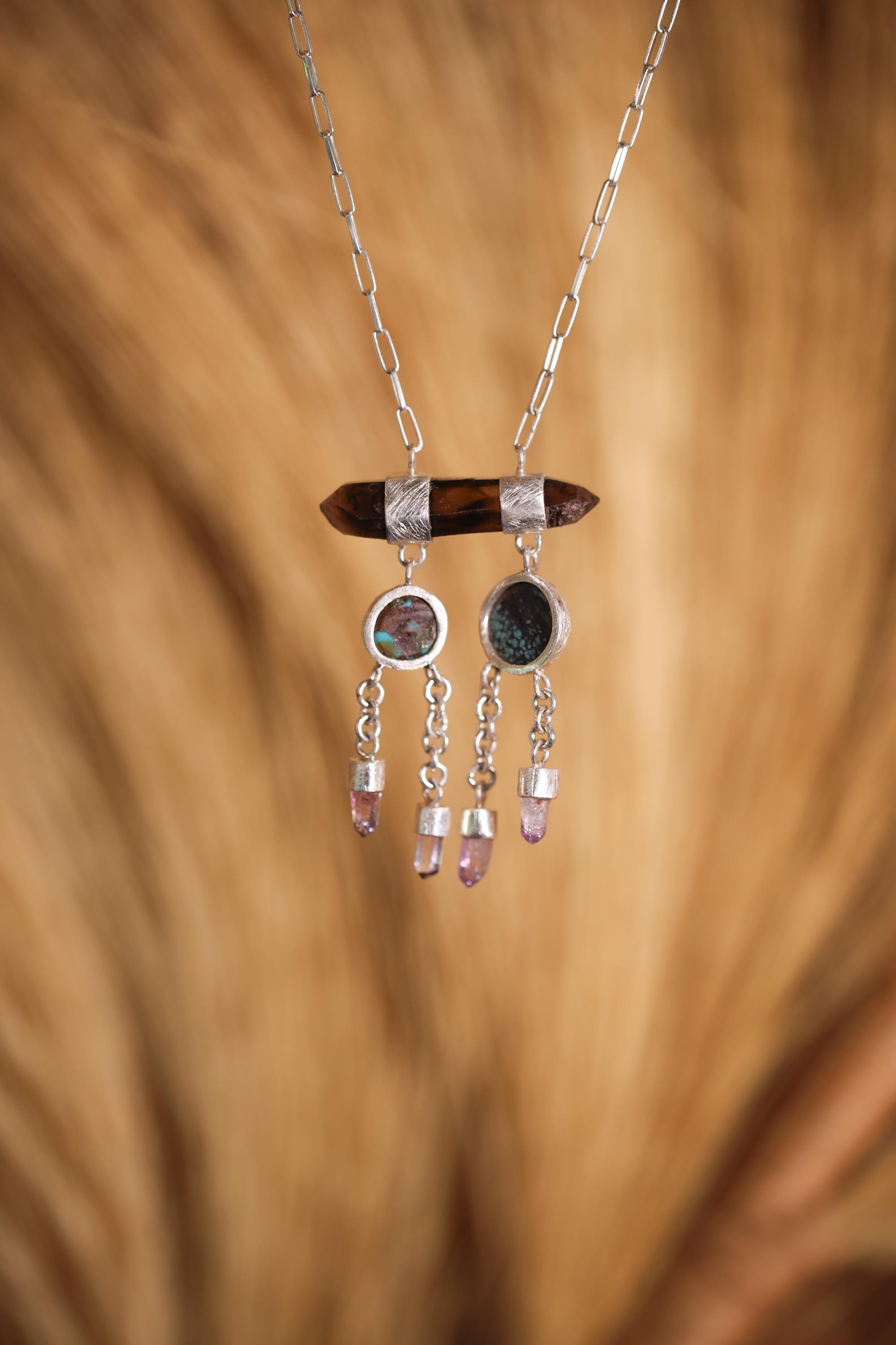 Smoky Quartz Turquoise Vera Cruz Amethyst Pendant 925 Silver Grounding Protection Spiritual Jewelry Gift
