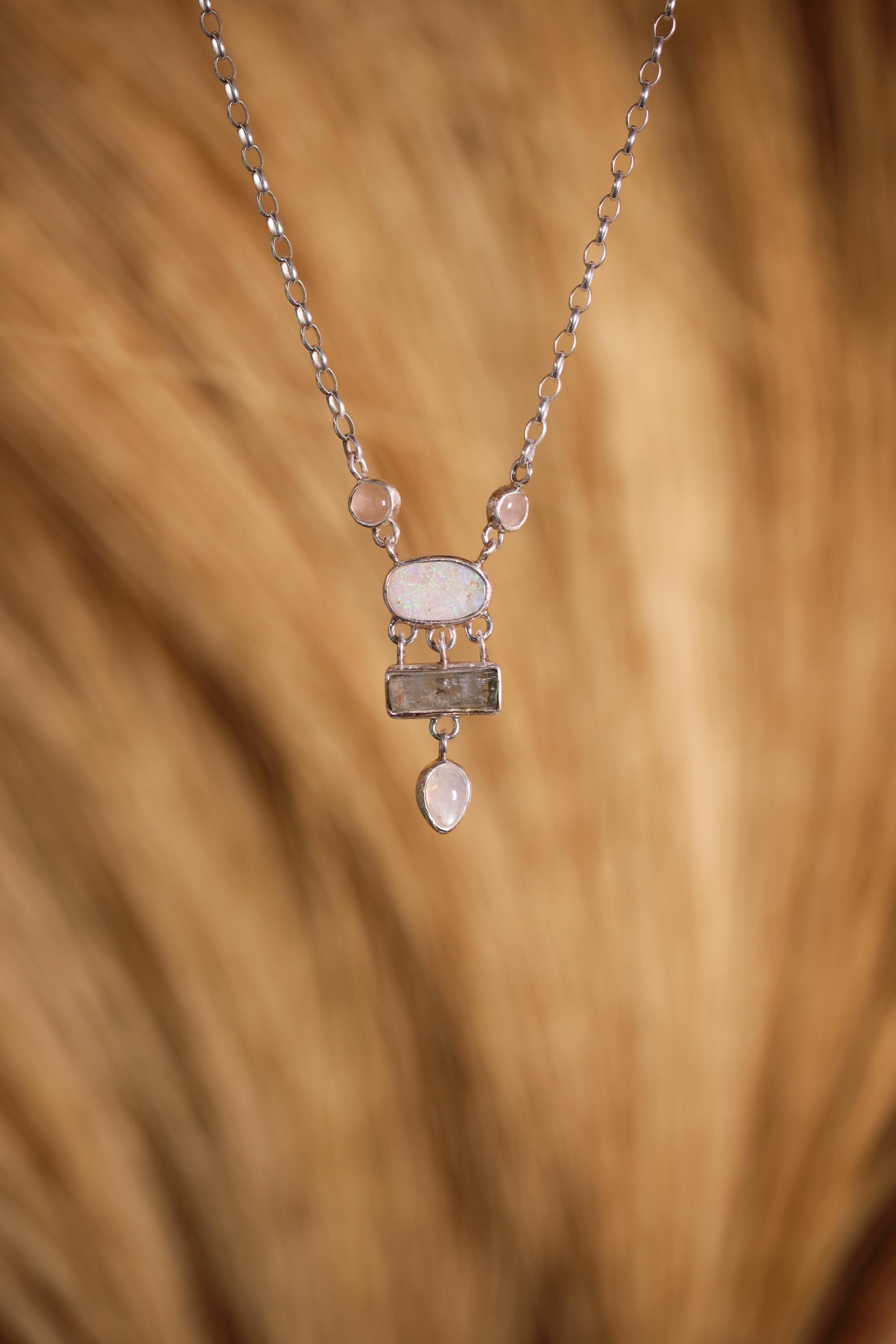 Opal Rose Quartz Aquamarine Necklace 925 Sterling Silver Blue Moonstone Box Chain Spiritual Jewelry