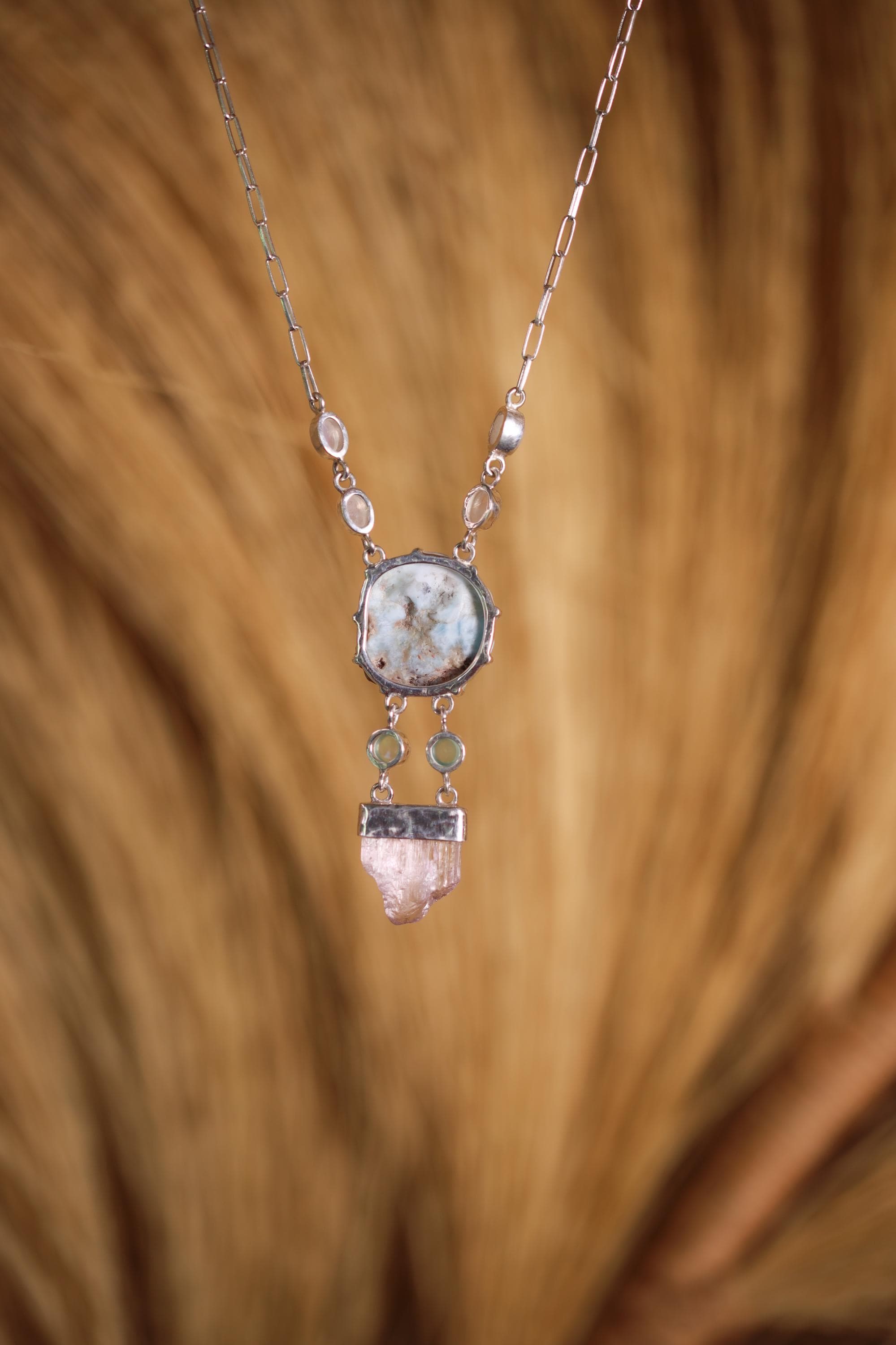 Larimar Kunzite Pendant: Sterling Silver Atlantis Stone Necklace