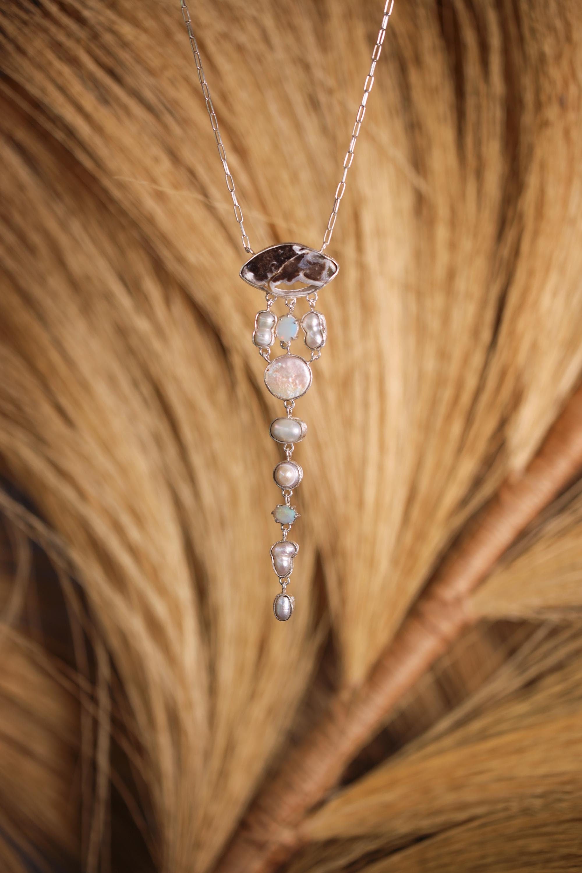Raw Australian Opal & South Sea Pearl Necklace: Sterling Silver Brushed Bezel