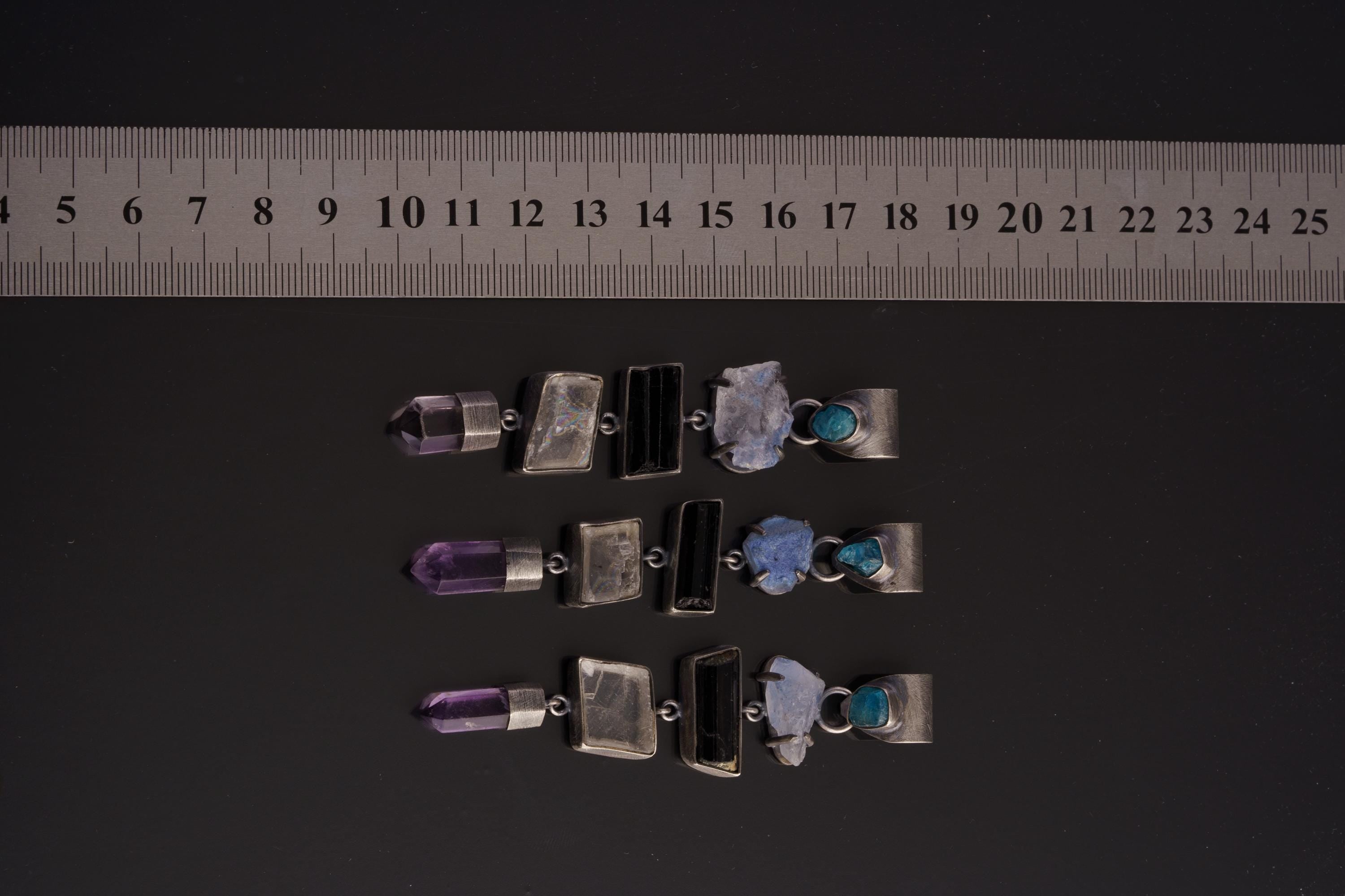 Blue Apatite, Tanzanite, Black Tourmaline, Selenite & Amethyst Zodiac Pendant, Oxidized Brushed Sterling Silver, Perfect Spiritual Gift