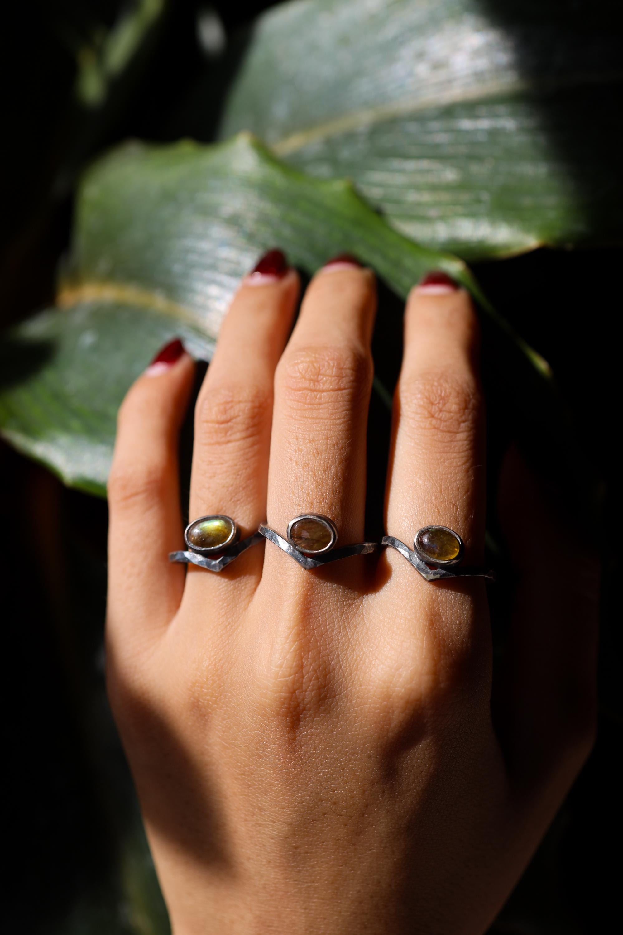 Rustic Golden Labradorite Ring: Hammered Sterling Silver Band