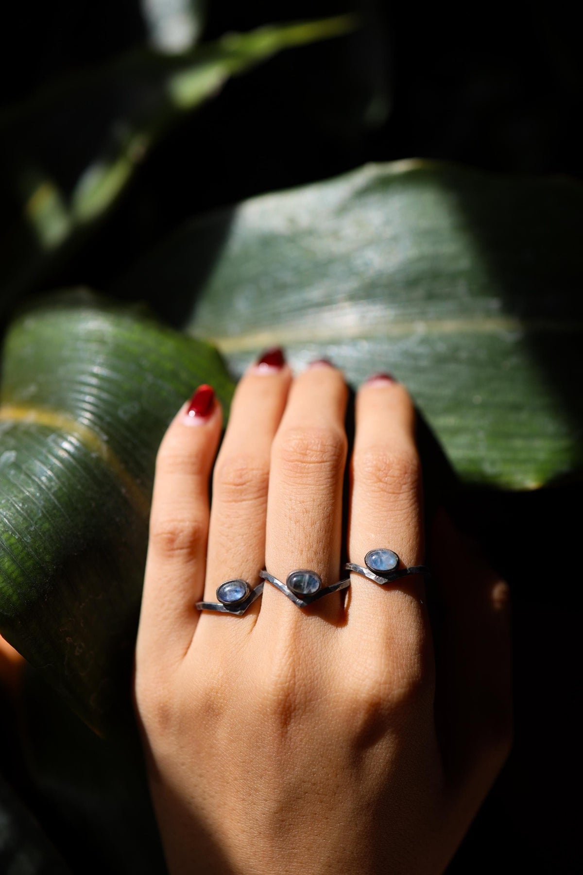 Blue Oval Moonstone Ring - Rustic Boho Stack Ring - Hammered Oxidised Triangle Band - 925 Sterling Silver - Size 4.5 - 8 US