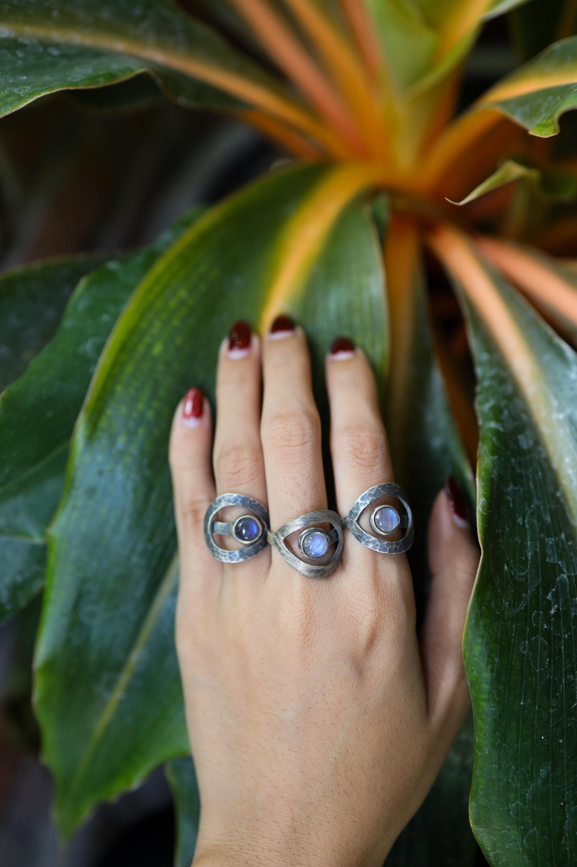 Blue Moonstone Ring, 925 Sterling Silver, Adjustable Hammered Band, Boho Stacking Statement Jewelry, ,Size 5–9 US, Best Gift