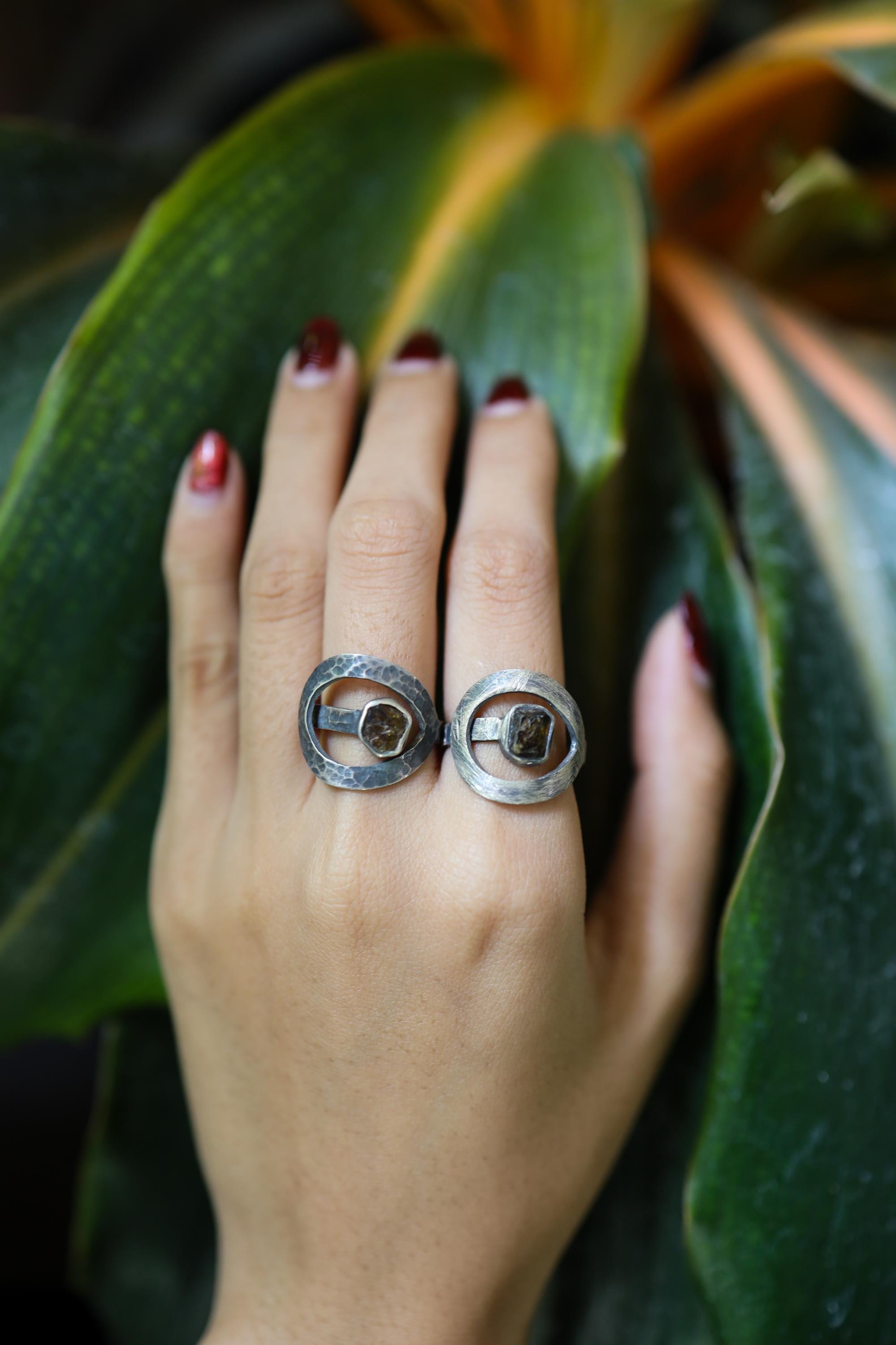 Brown Tourmaline Loop Ring 925 Sterling Silver Adjustable Textured Band Dravite Root Heart Chakra Gift