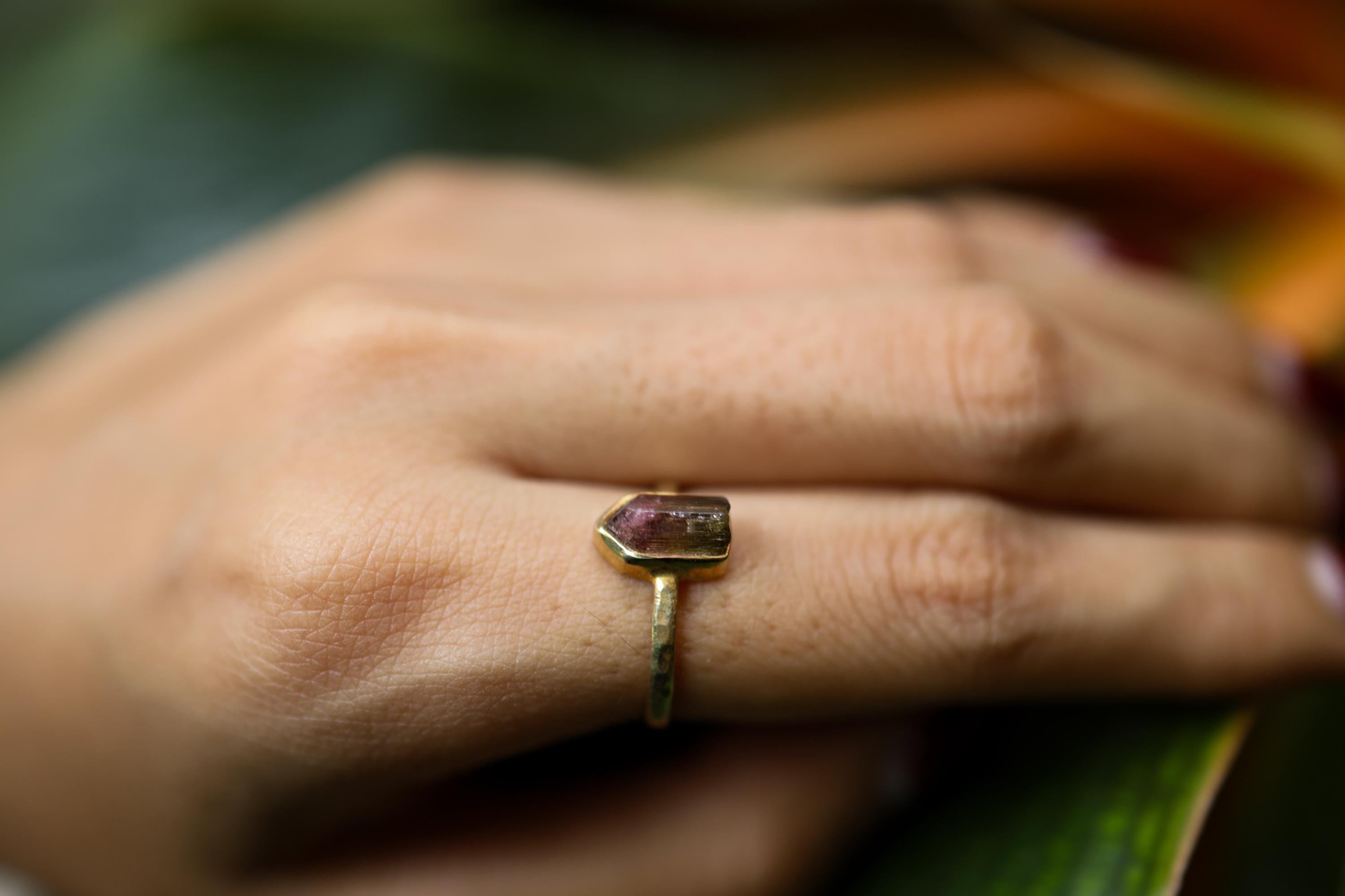 Terminated Watermelon Tourmaline - Size 5 1/2 US - Gold Plated 925 Sterling Silver - Thin Band Hammer Textured