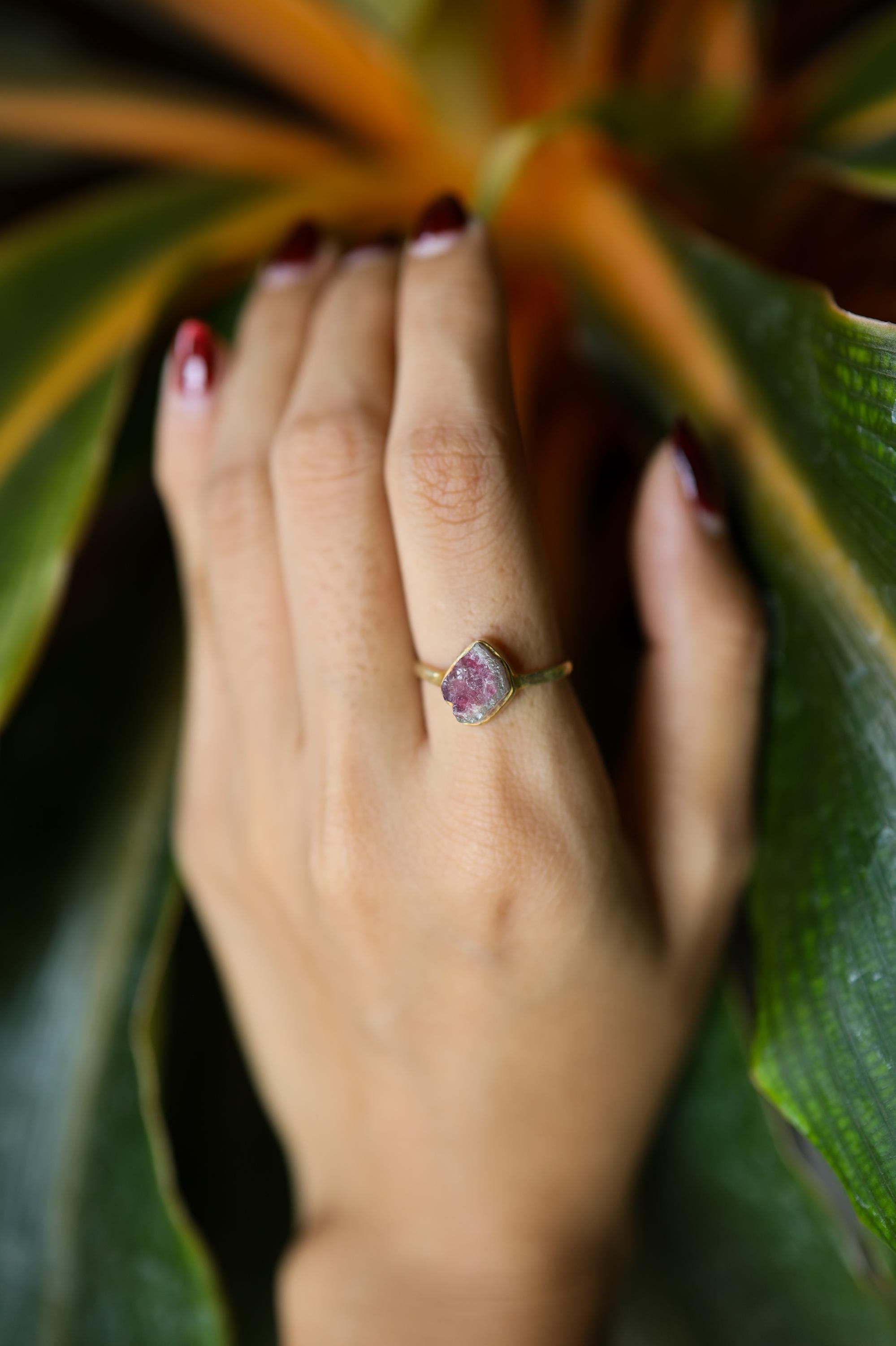 Watermelon Tourmaline Ring: Gold Plated Sterling Silver, Size 6