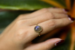 High Grade Labradorite - Stack Crystal Ring - Size 6 1/2 US - Gold Plated 925 Sterling Silver - Thin Band Hammer Textured
