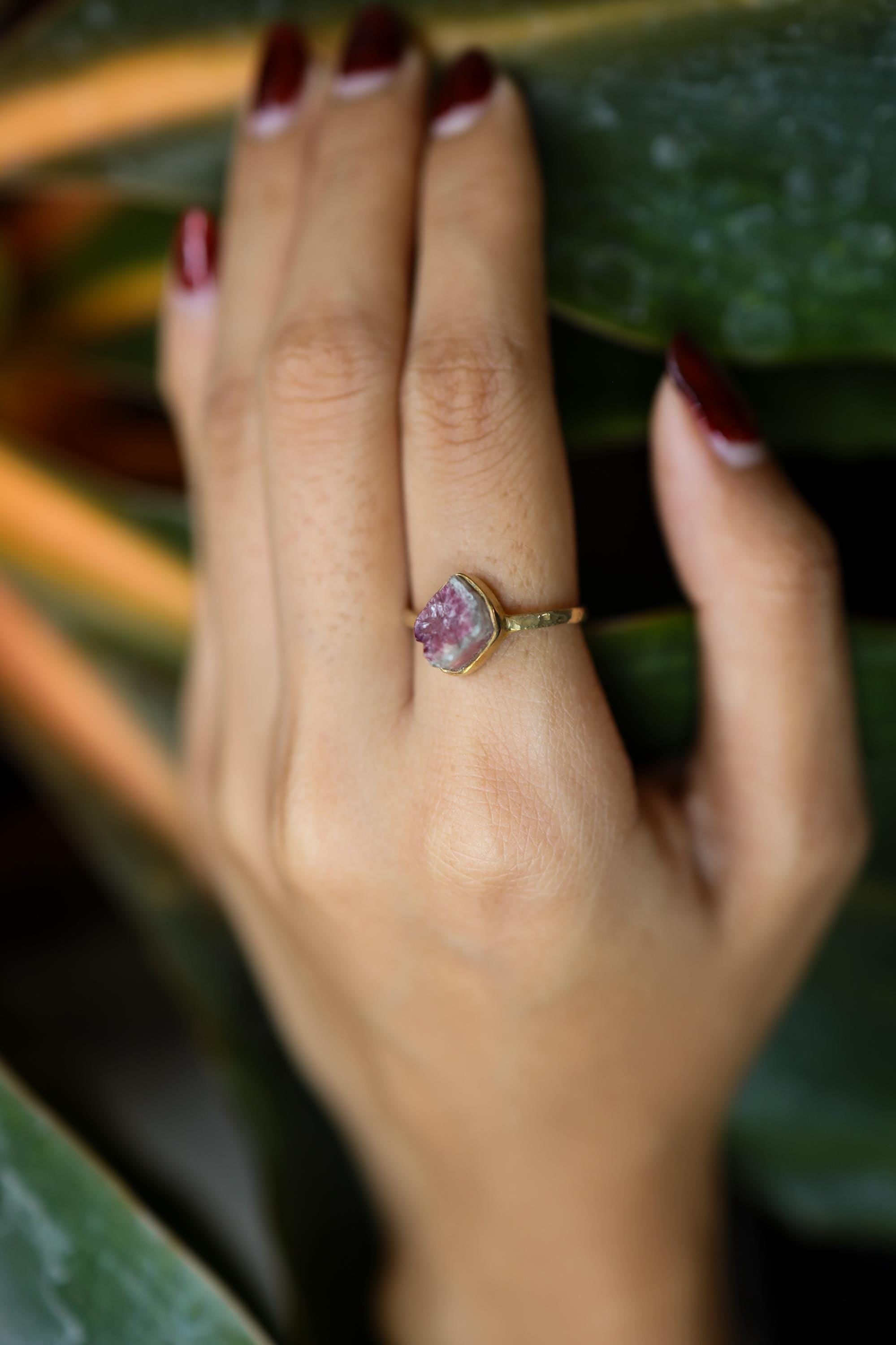 Mostly Pink Watermelon Tourmaline - Size 5 1/2 US - Gold Plated 925 Sterling Silver - Thin Band Hammer Textured