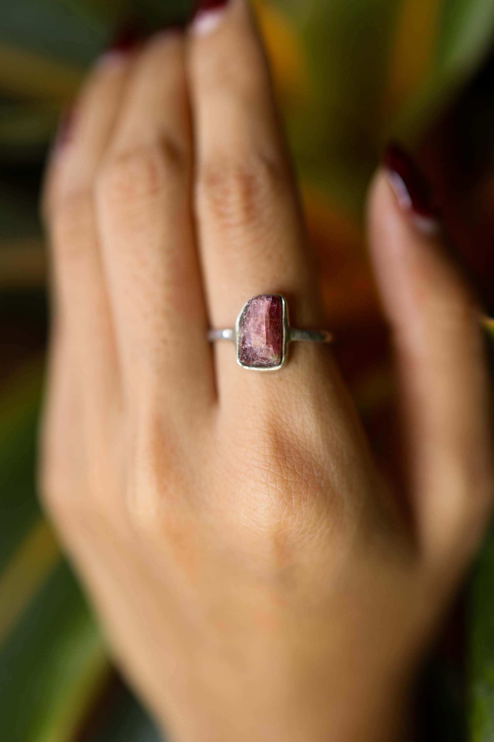Pink gem Tourmaline Rubellite - Stack Crystal Ring - Size 6 US - 925 Sterling Silver - Thin Band Hammer Textured